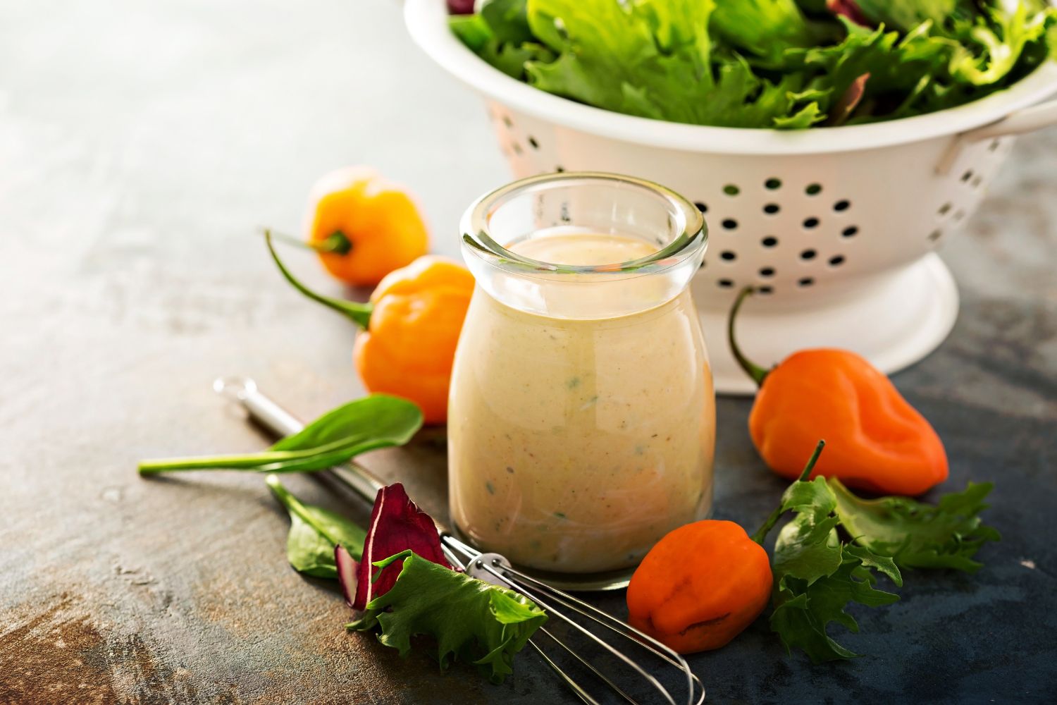 Ein Glas mit Dressing, umgeben von Habanero-Chilis und frischem Salat in einem weißen Sieb.