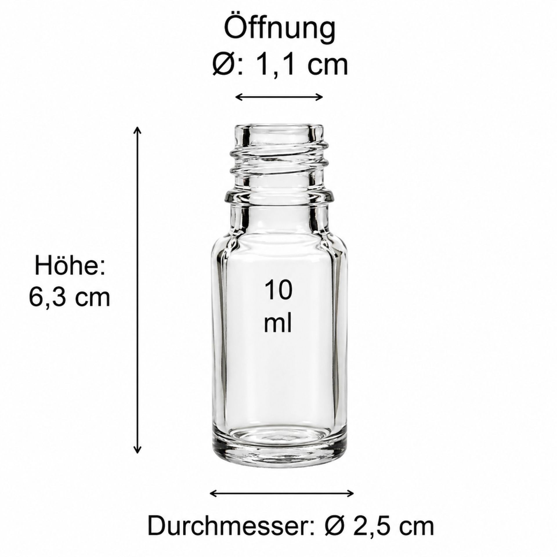 Maßzeichnung einer transparenten 50 ml Glasflasche mit detaillierten Abmessungen, ideal für Hersteller und Käufer von Glasverpackungen.