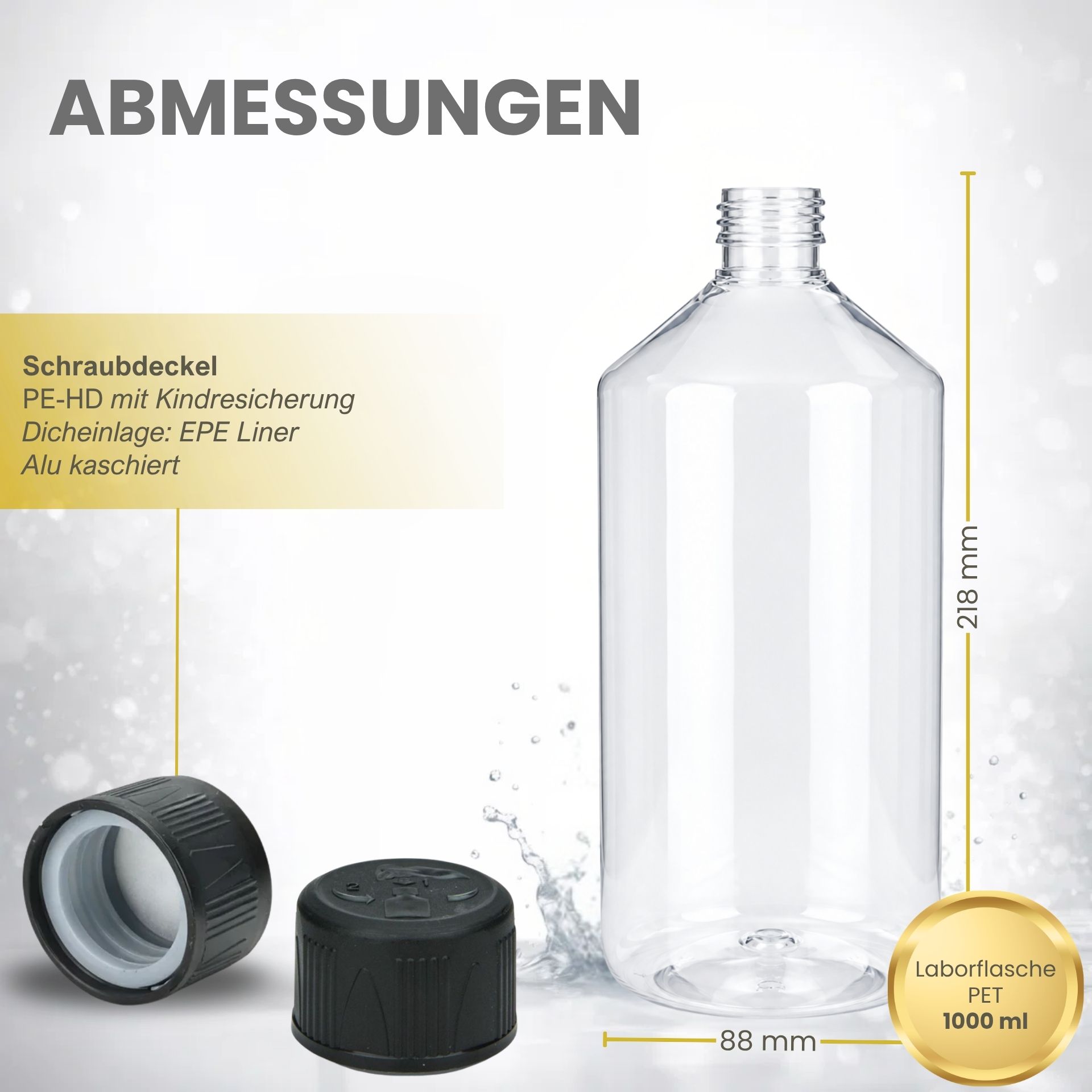 PET Flasche 1000 ml Laborflasche Klar Kunststoff mit Schraubdeckel (Kisi)