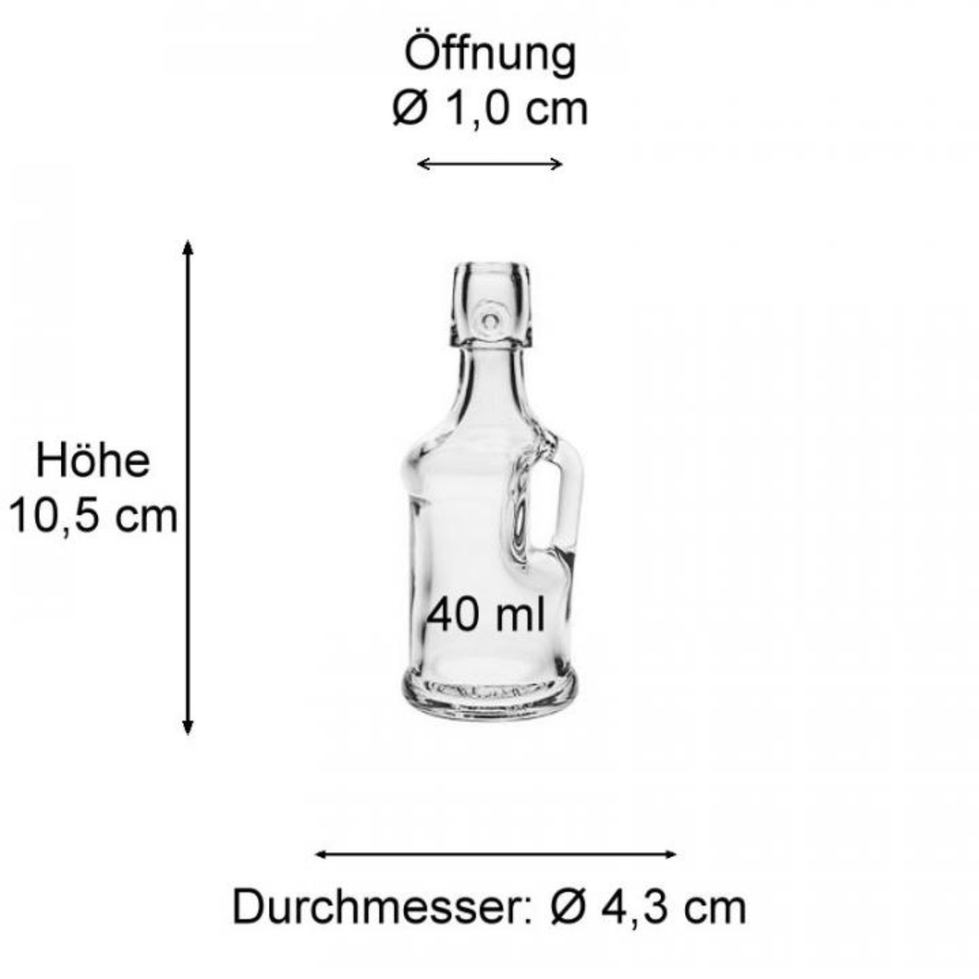 Bild einer 40 ml Glasflasche mit Henkel und Bügelverschluss, ideal für Getränkeabfüllung, wiederverwendbar und umweltfreundlich, glänzende klare Oberfläche, praktische Flasche für kreative Verpackungslösungen.