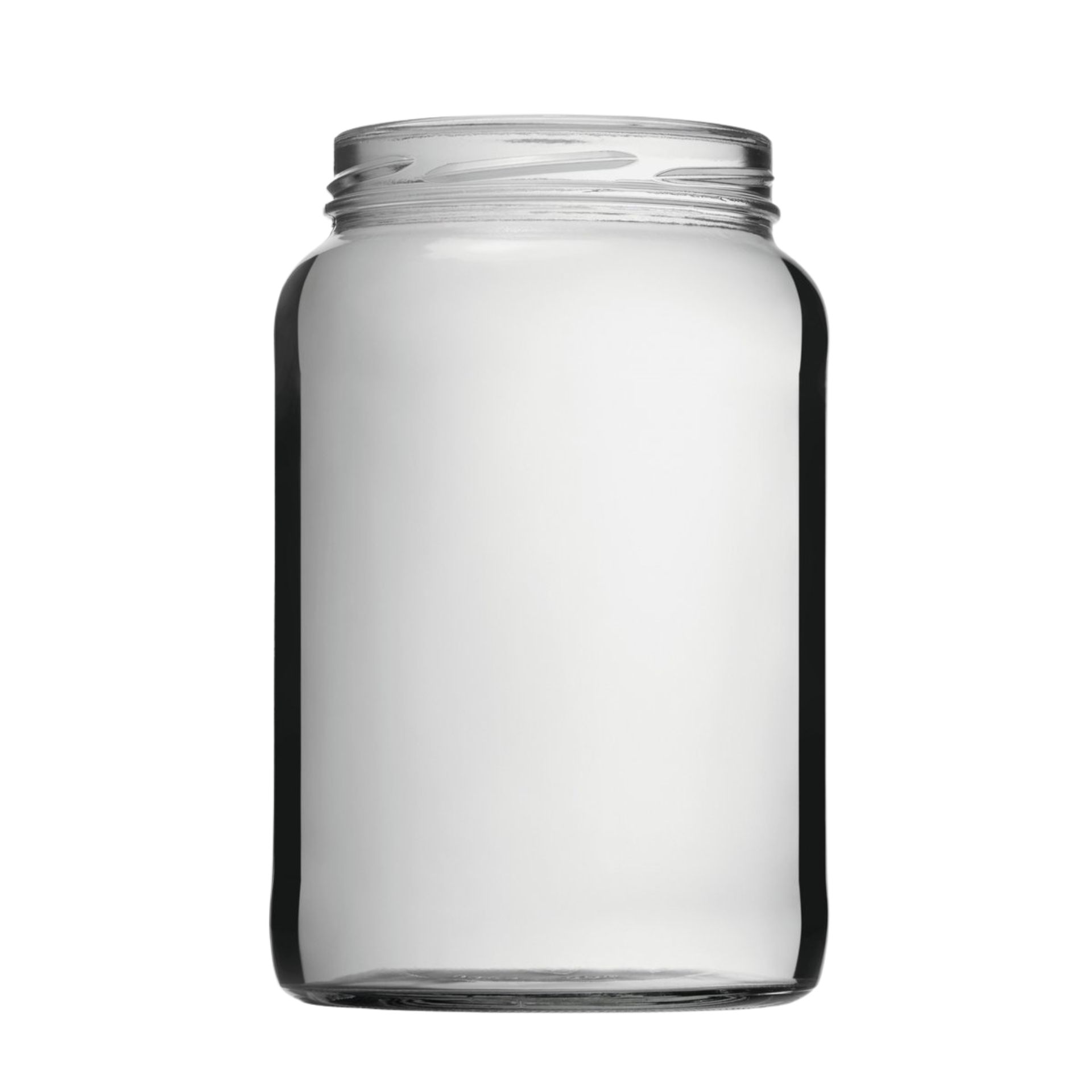 Ein leeres, transparentes Einmachglas aus Glas mit 1700 ml Fassungsvermögen, zylindrischer Form und silberfarbenem Schraubdeckel, vor weißem Hintergrund.