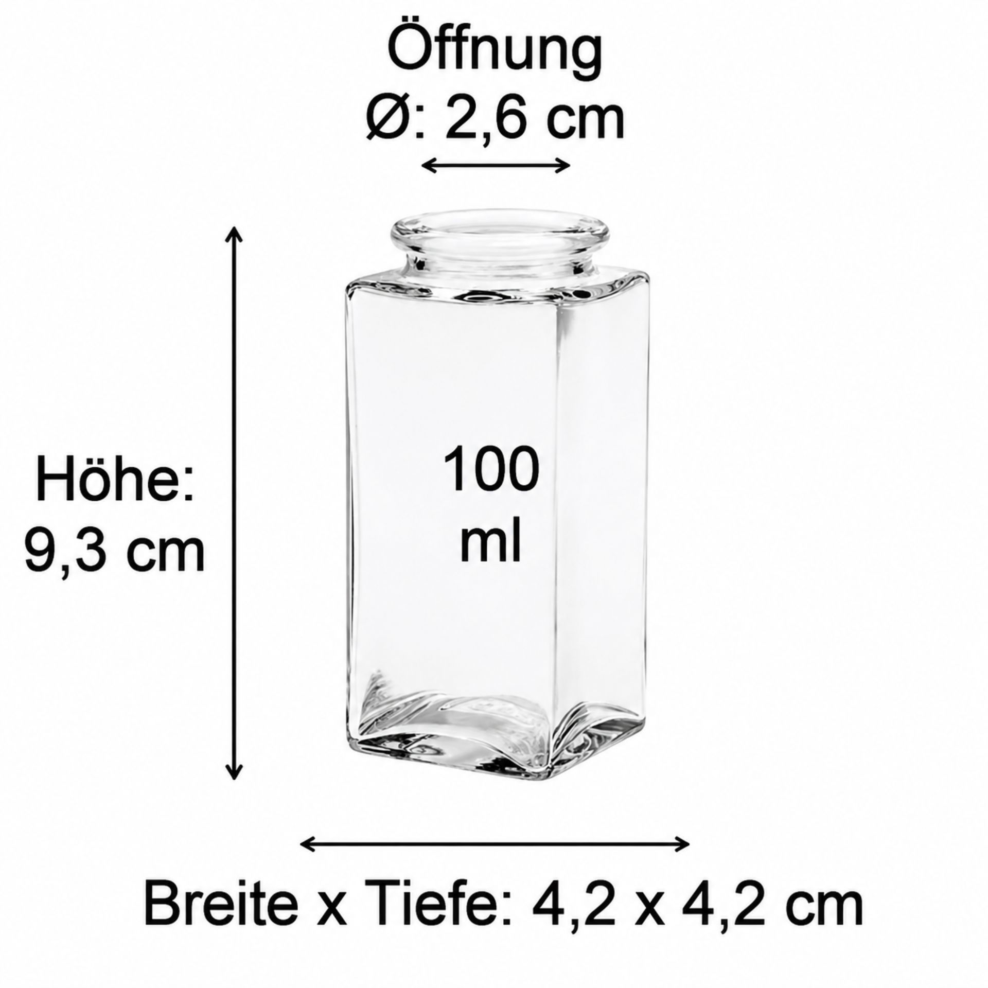 100 ml Flasche aus Glas mit schmalem Hals und transparentem Design, für Flüssigkeiten wie Öle oder Essenzen geeignet.