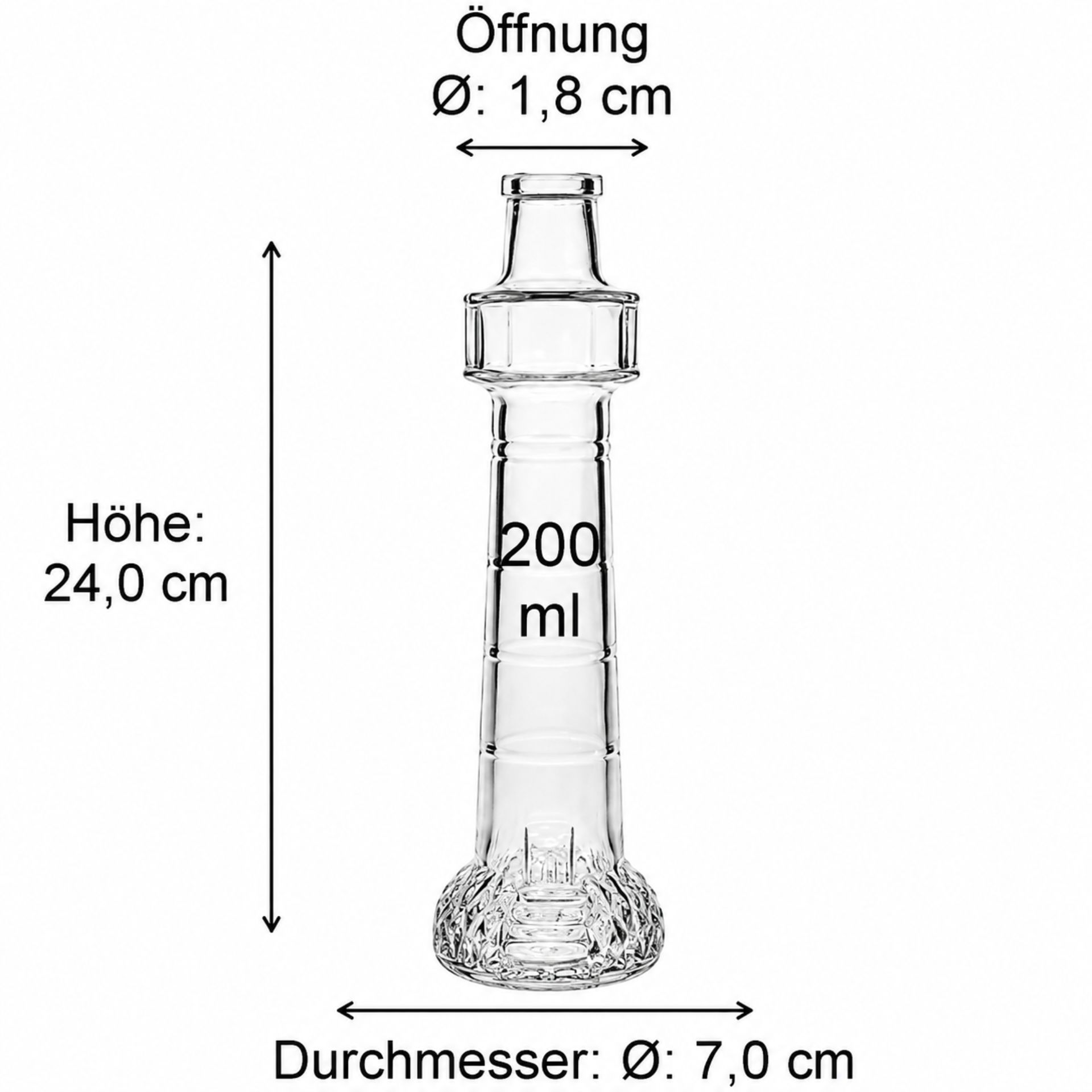 Ein Glass Leuchtturm Flasche mit 200 ml Fassungsvermögen auf weißem Hintergrund, ideal für Getränkeabfüllung oder dekorative Zwecke.