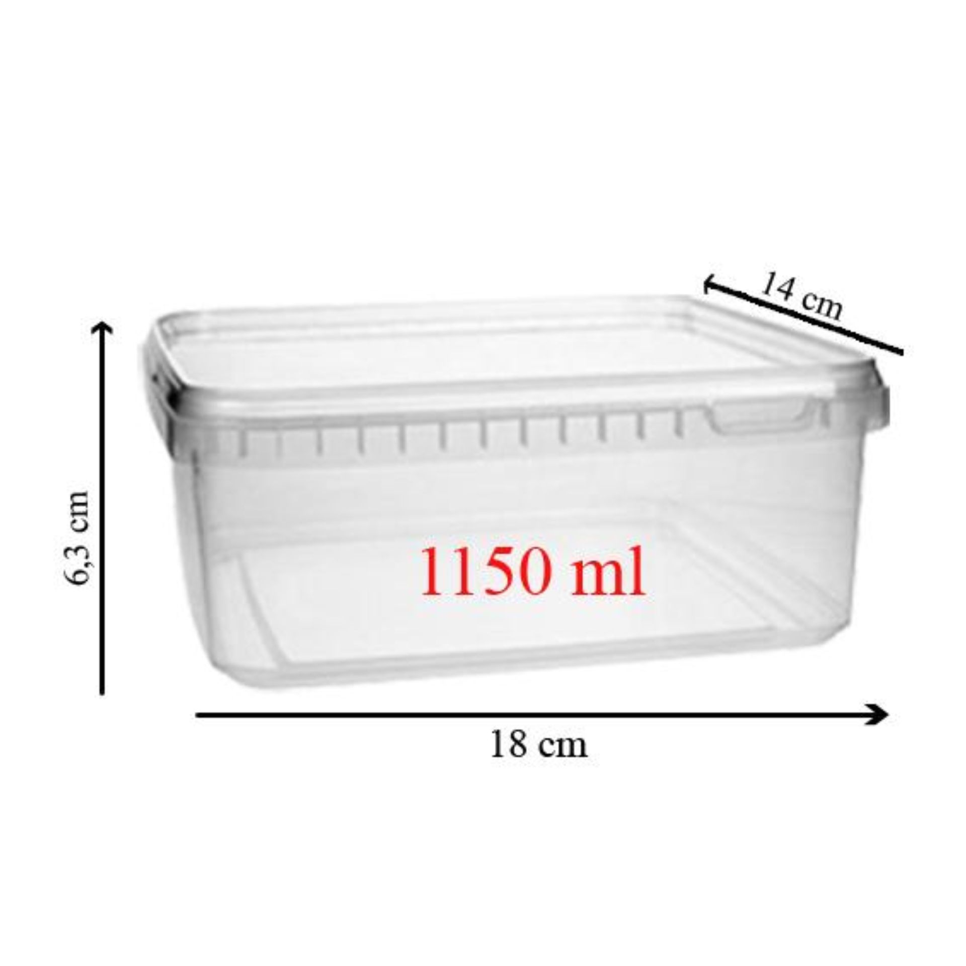 Kunststoffdose mit 1150 ml Fassungsvermögen, transparente Frischhaltebox, ideal zur Aufbewahrung von Lebensmitteln, robustes und BPA-freies Material für sichere Lagerung, Bild zeigt geöffneten Deckel und Seitenansicht der Box.