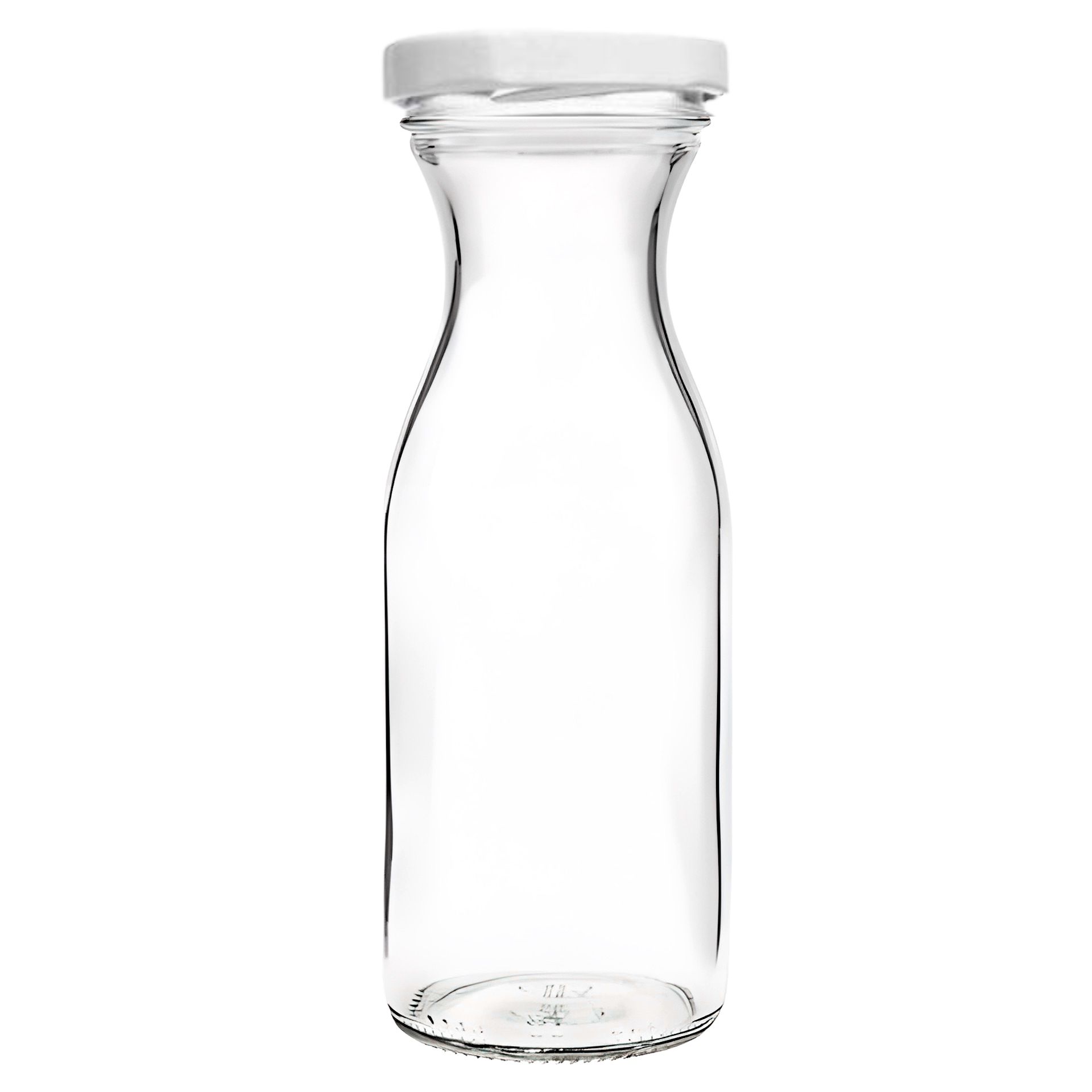 Klare 250-ml-Glasflasche mit Schraubverschluss, auf weißem Hintergrund stehend; schlanke, zylindrische Form, ideal für Säfte oder andere Getränke.