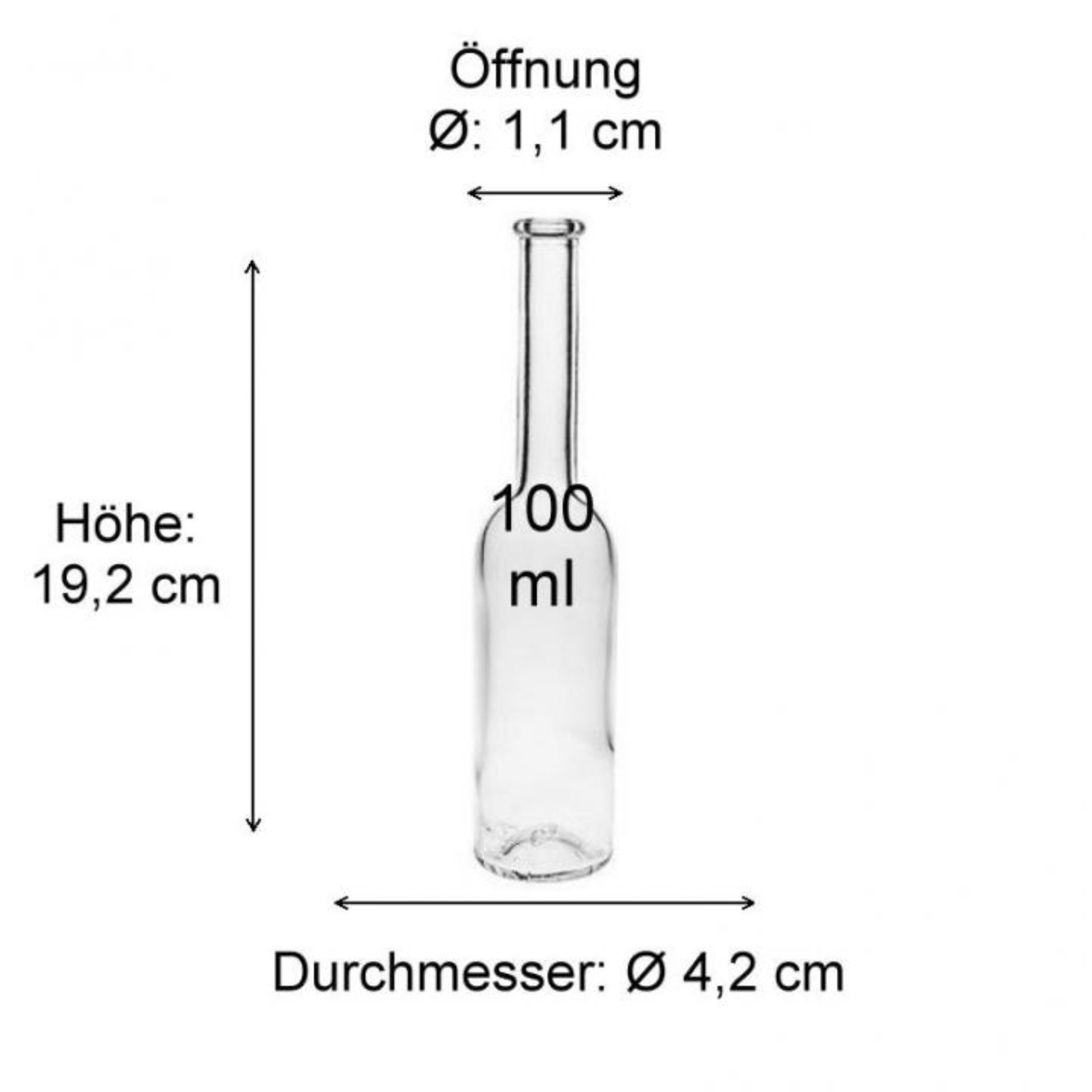 Maße für Glasflasche mit Bügelverschluss - Technische Zeichnung mit Höhen- und Durchmesserangaben, geeignet für Produktdatenblätter und Verpackungsspezifikationen.
