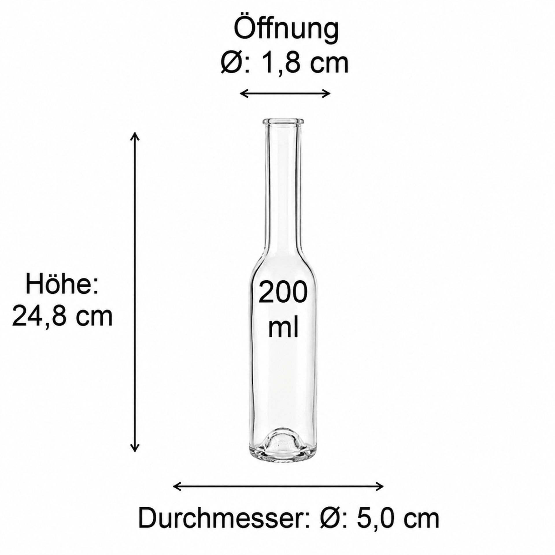 Bild zeigt eine Abmessungsskizze einer Flasche aus der Produktkategorie Flaschen, Gläser und Dosen, mit detaillierten Maßen zu Höhe, Durchmesser und Volumen, bereitgestellt von flaschen-glaeser-und-dosen.de.