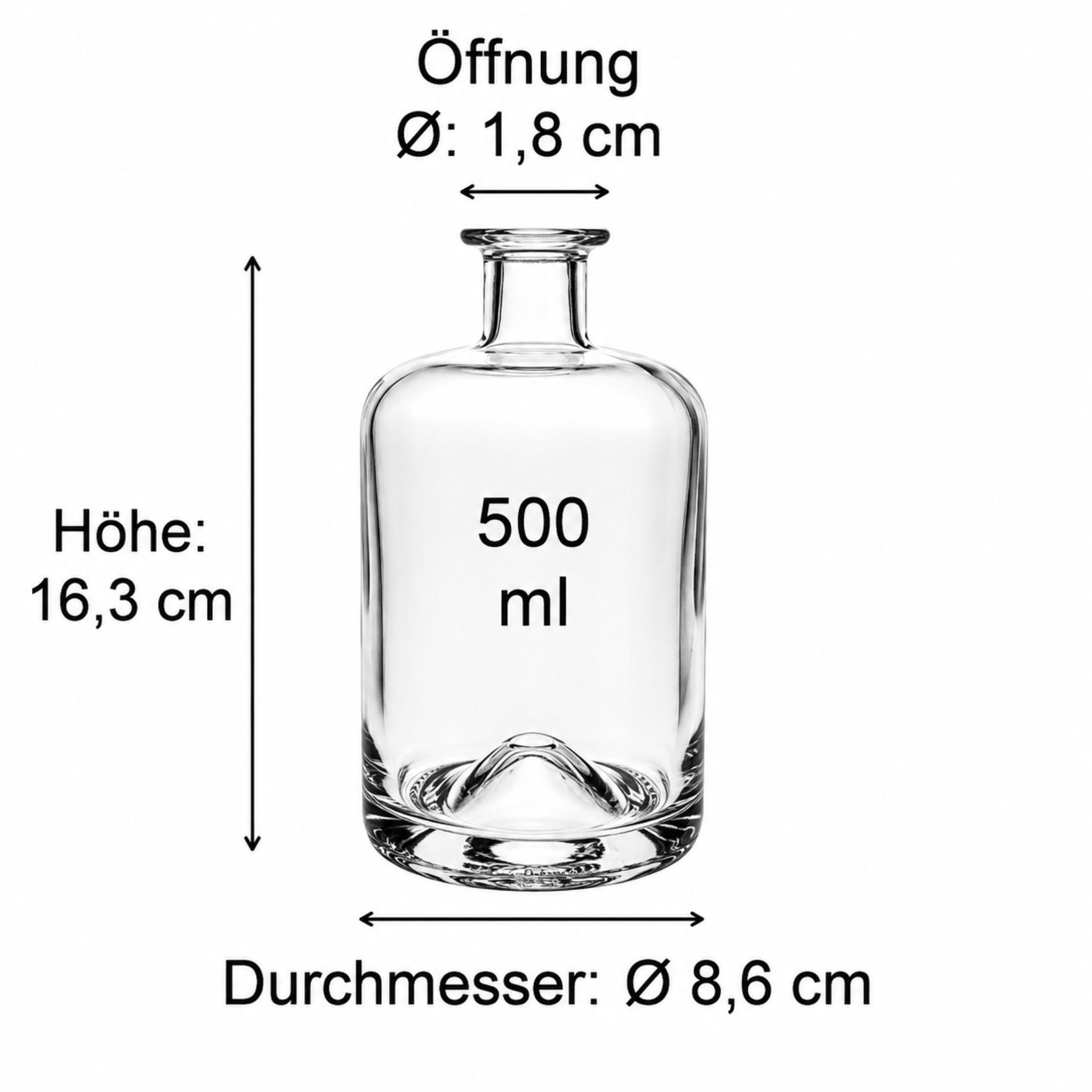 Maßzeichnung einer Glasflasche mit detaillierten Abmessungen - Flaschendesign, Höhe, Durchmesser, Fassungsvermögen - Produktbild für Flaschen, Gläser und Dosen Webseite
