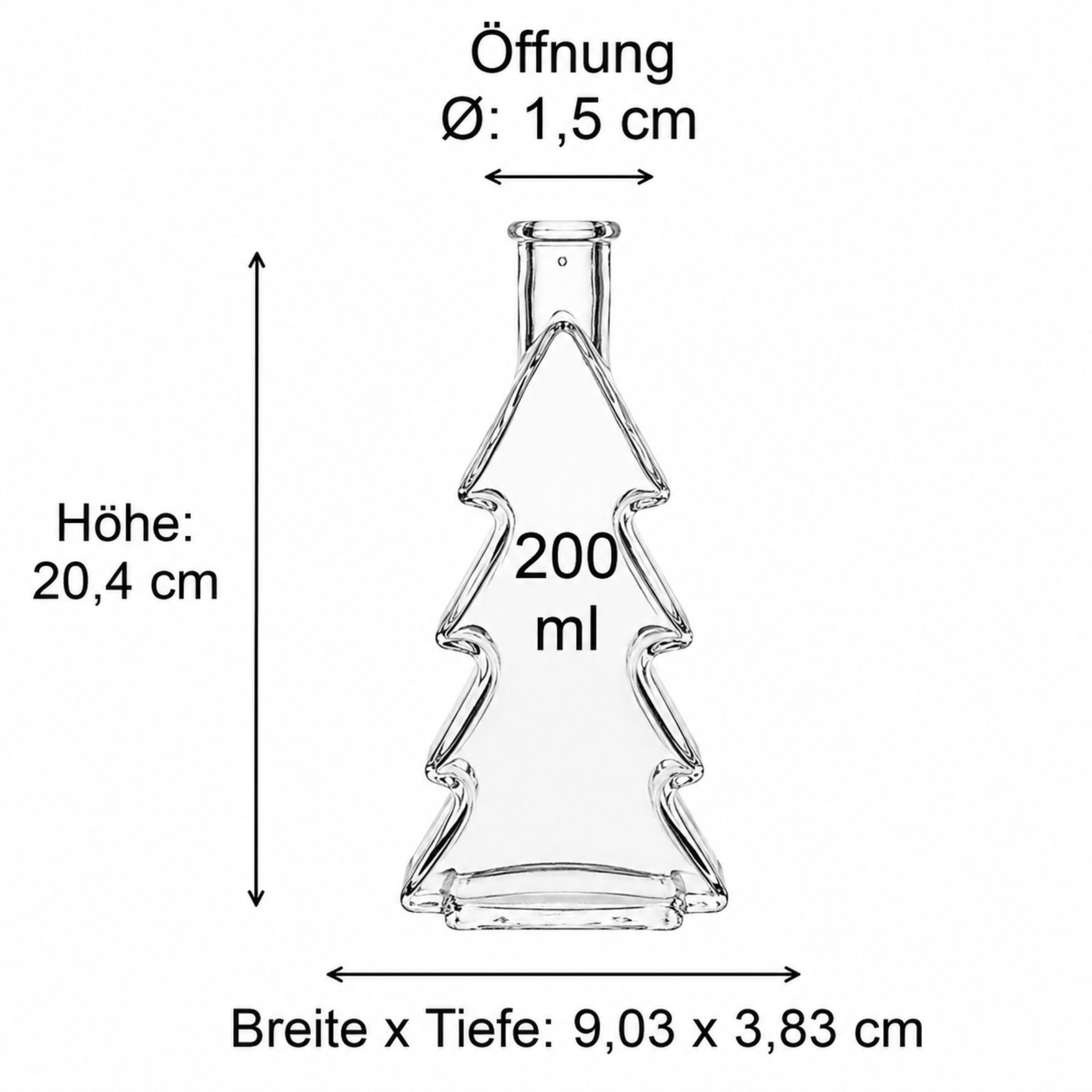 Bild von einer 200 ml Tannenform-Flasche aus grünem Glas. Perfekt für die Abfüllung von Spirituosen oder Dekoration, inspiriert durch die Form eines Tannenbaums, ideal für saisonale Geschenke und besondere Anlässe.