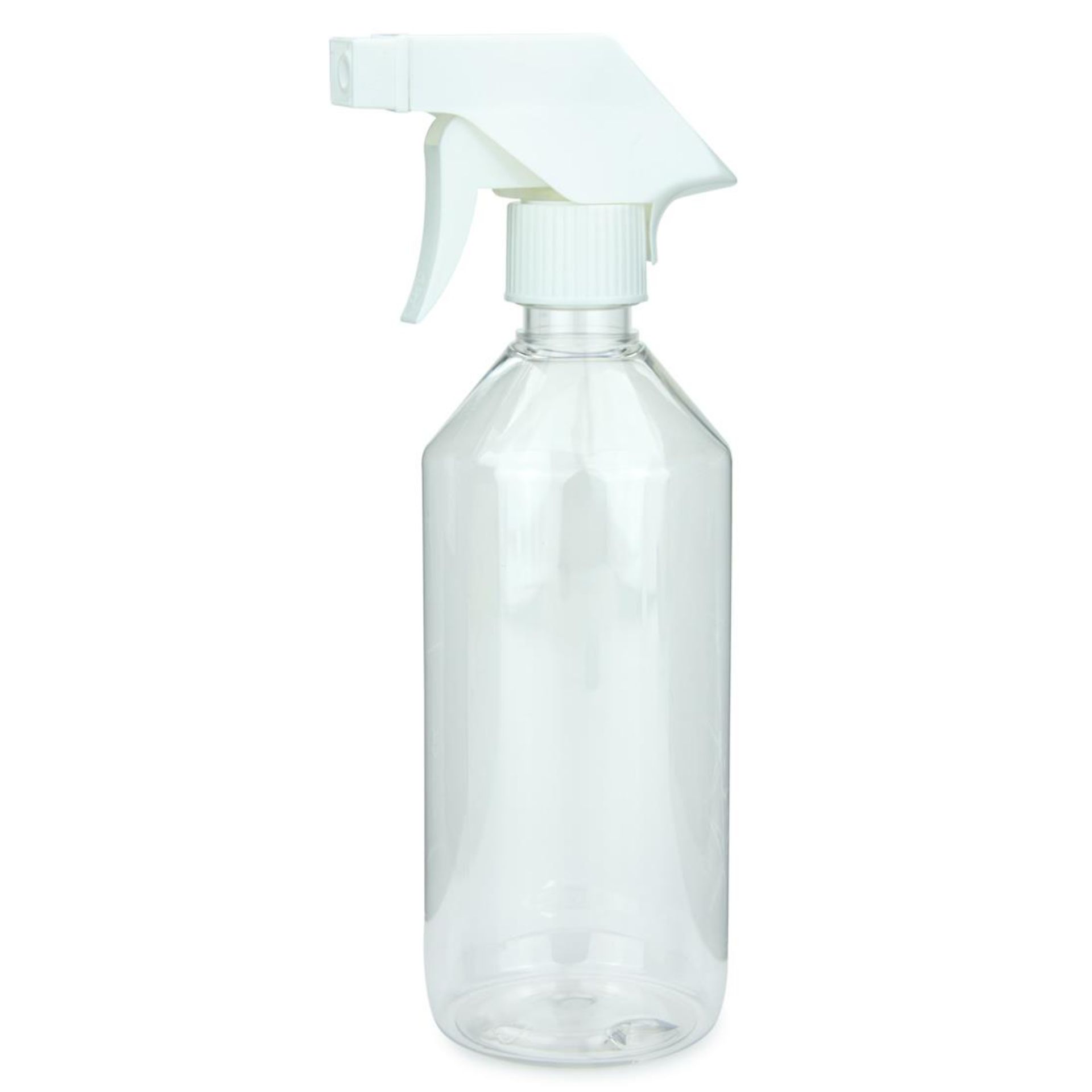 Klare Laborflasche aus Glas mit 500 ml Fassungsvermögen, ausgestattet mit einer weißen Sprühpistole und transparentem Steigrohr, stehend auf neutralem Hintergrund.