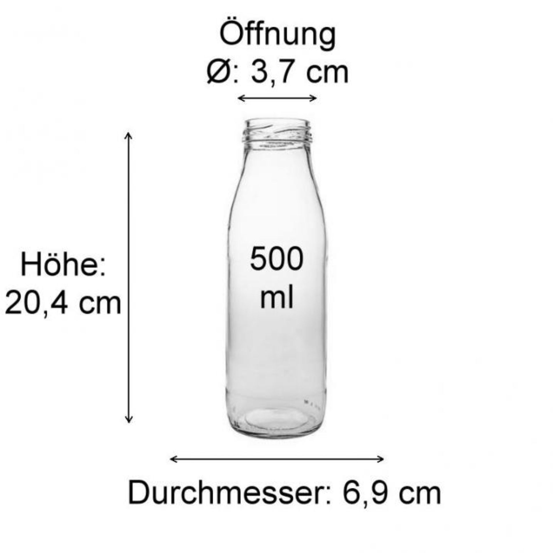 Bild einer 500 ml Glasflasche mit Milch, rund, auf weißem Hintergrund. Ideal für nachhaltige Verpackung von Getränken und Milchprodukten.