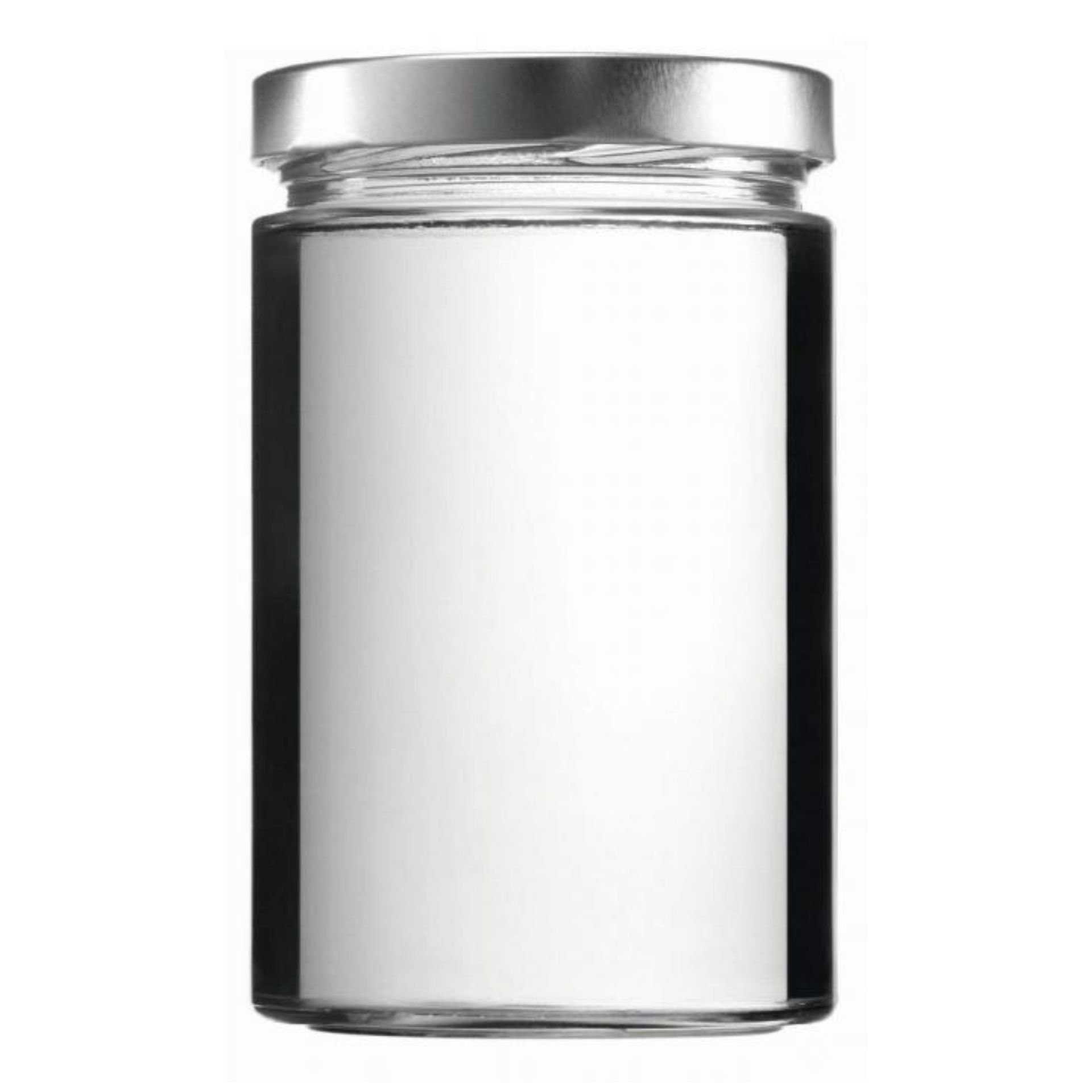 Ein leeres Einmachglas aus klarem Glas mit einem Schraubdeckel in Silber, 580 ml Fassungsvermögen, stehend auf weißem Hintergrund.