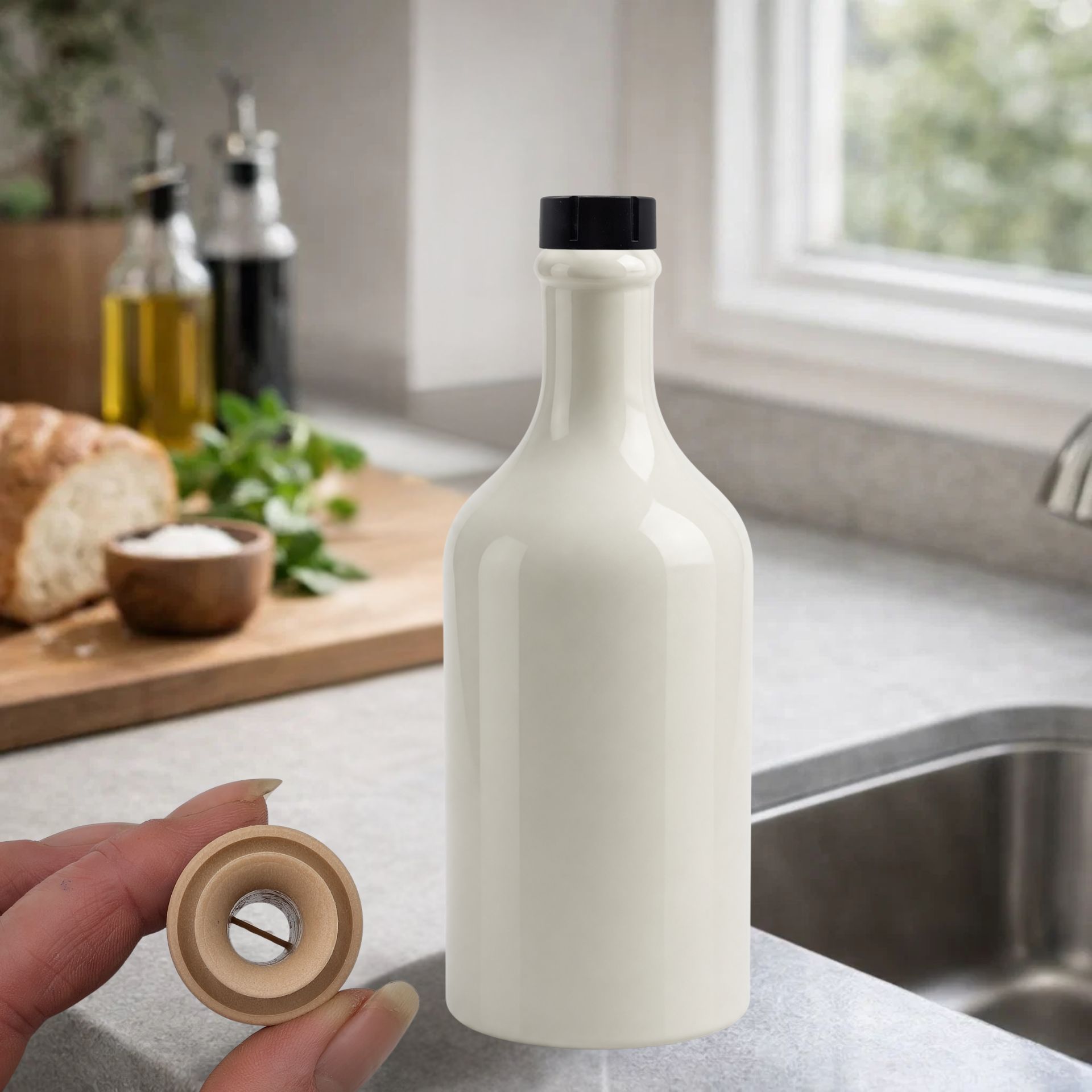 Ölflasche 500 ml Steingut Cremeweiß mit Ausgießer und Kappe schwarz