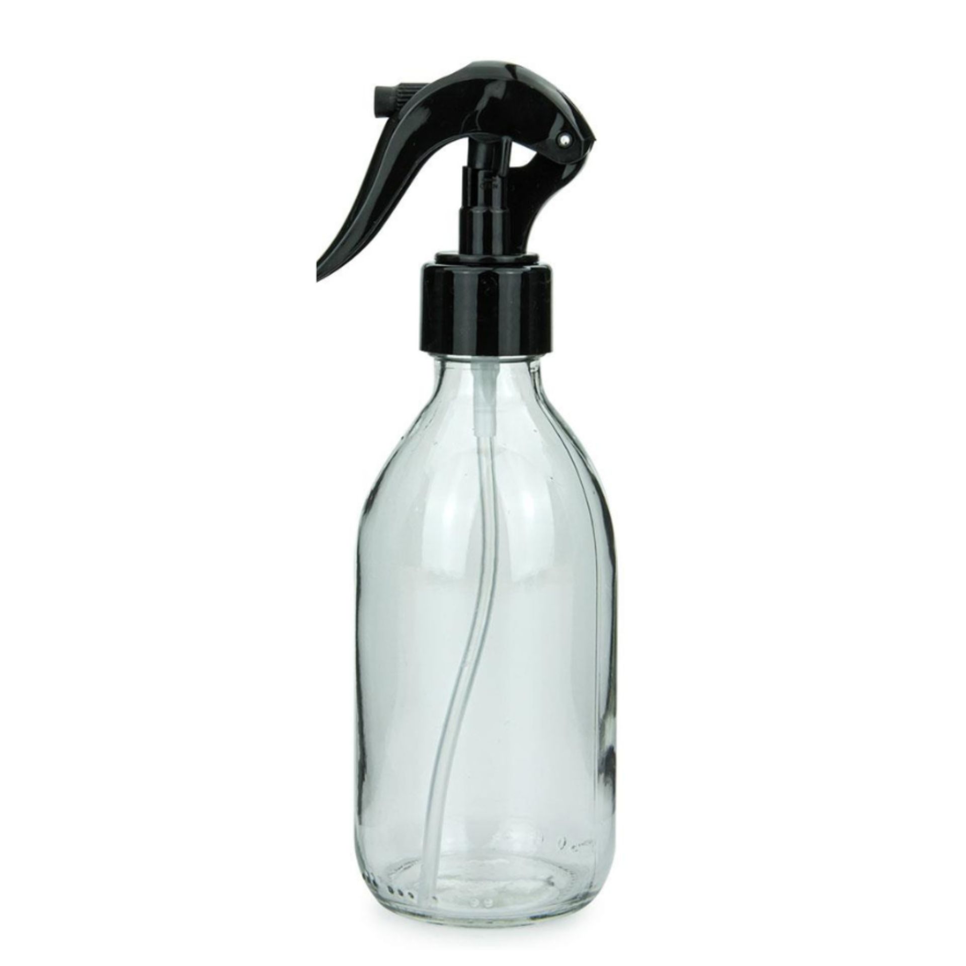 Sprühflasche aus transparentem Klarglas mit einem schwarzen Trigger-Sprühkopf, Fassungsvermögen 500 ml, stehend vor weißem Hintergrund.