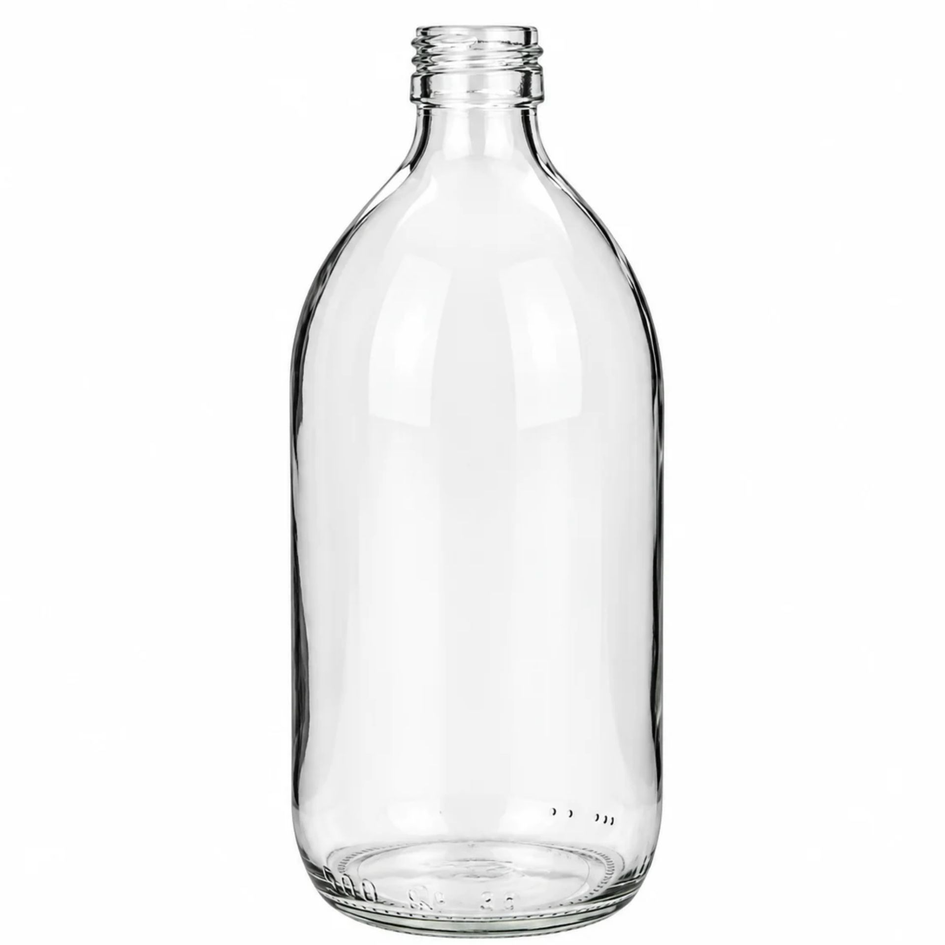 Klare 500-ml-Glasflasche mit Schraubgewinde, zylindrischer Form und leicht abgerundeten Schultern, stehend auf weißem Hintergrund.