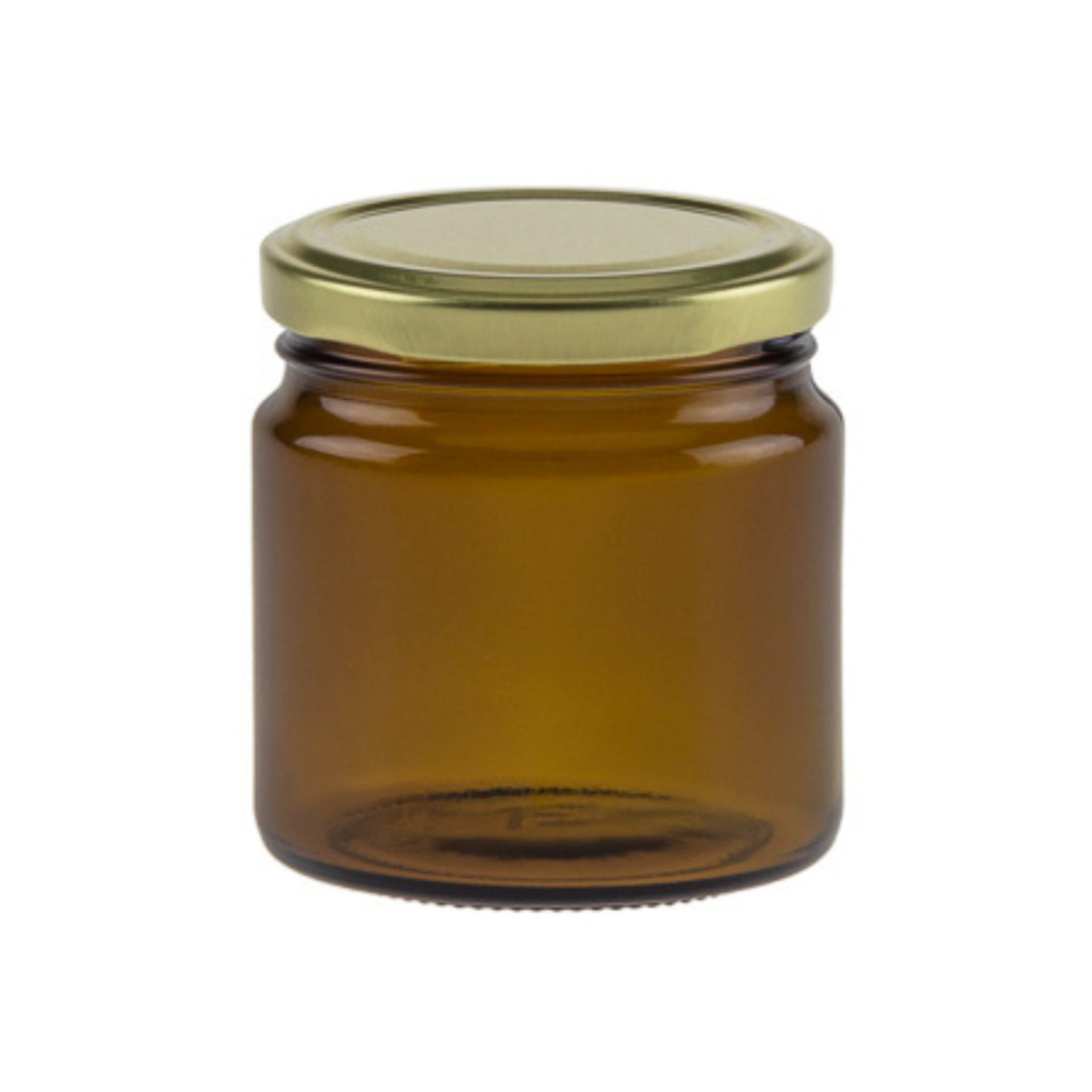 Ein braunes Einmachglas mit 215 ml Fassungsvermögen und goldfarbenem Schraubdeckel, stehend auf weißem Hintergrund.