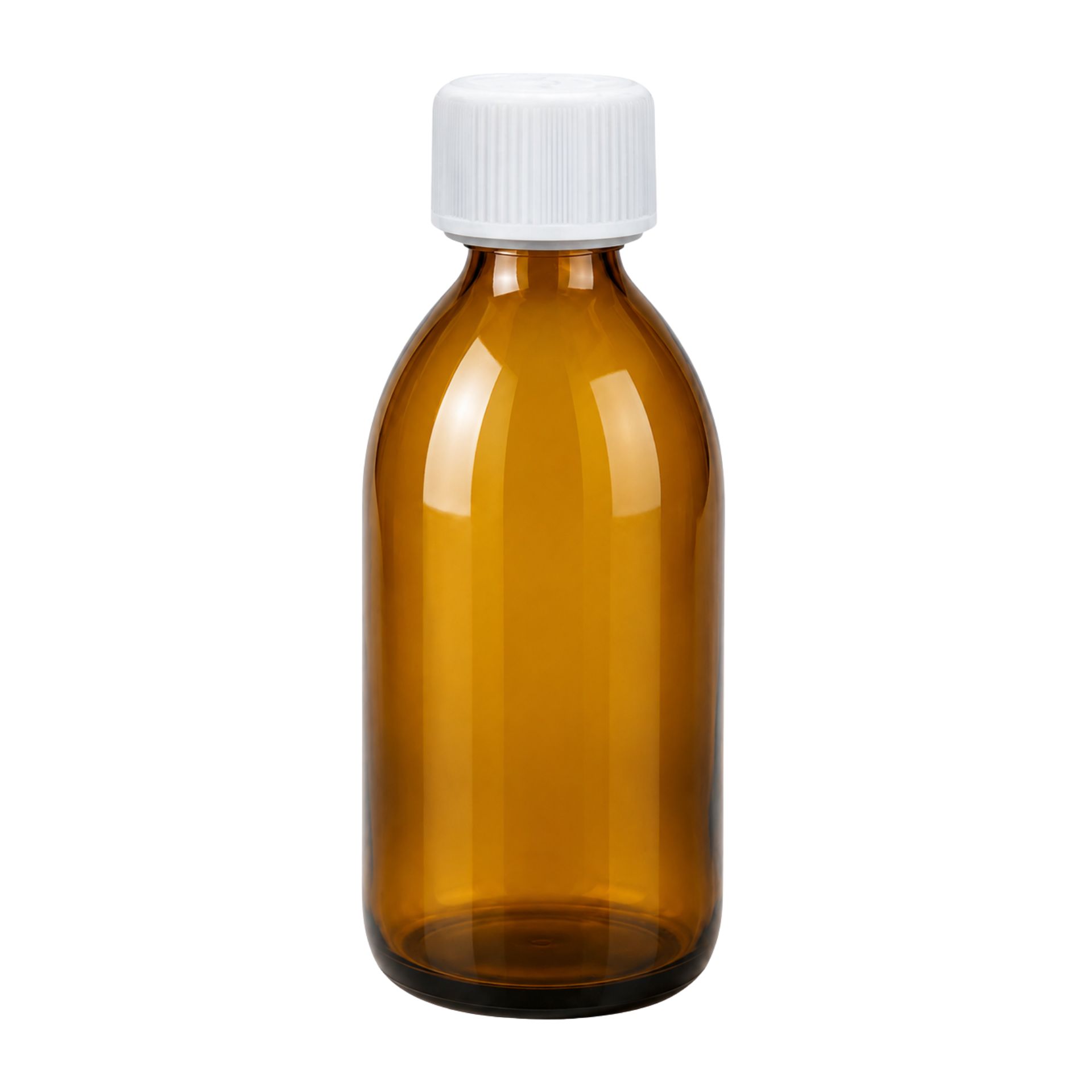 Braune 250-ml-Tropfflasche aus Glas mit Schraubverschluss, stehend vor weißem Hintergrund.