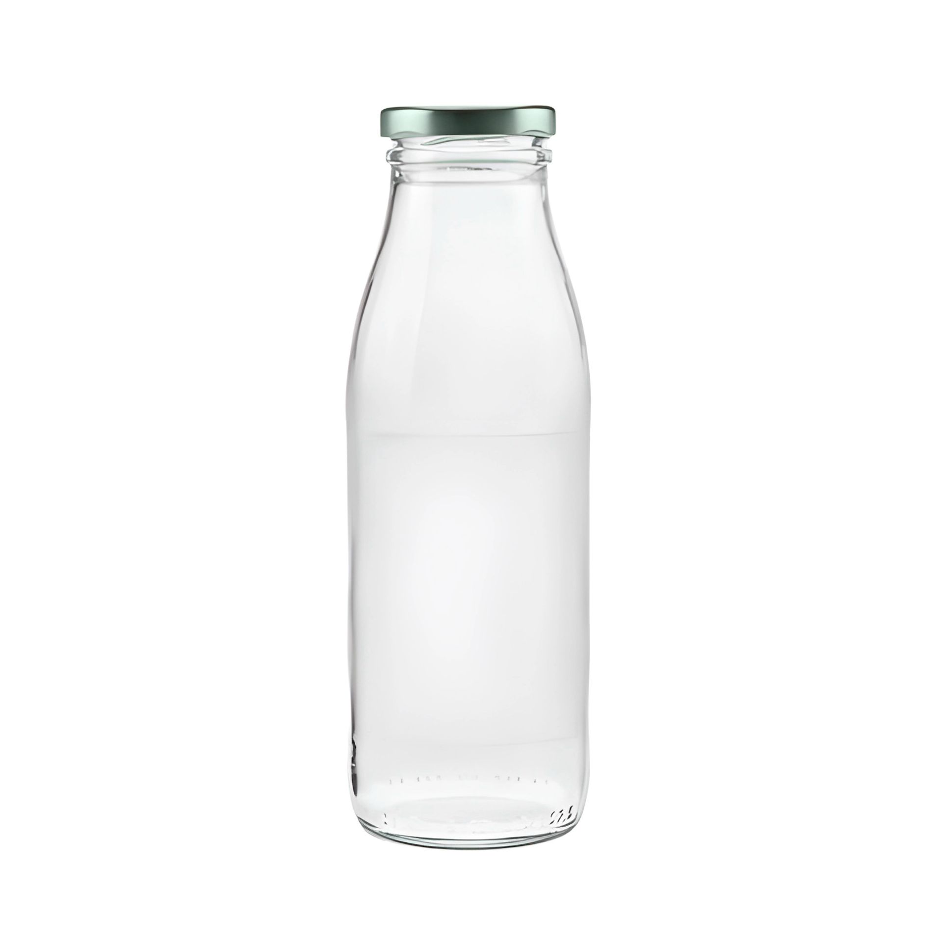 Klare 500-ml-Glasflasche in klassischer Milchflaschenform mit goldfarbenem Schraubdeckel, stehend auf weißem Hintergrund.
