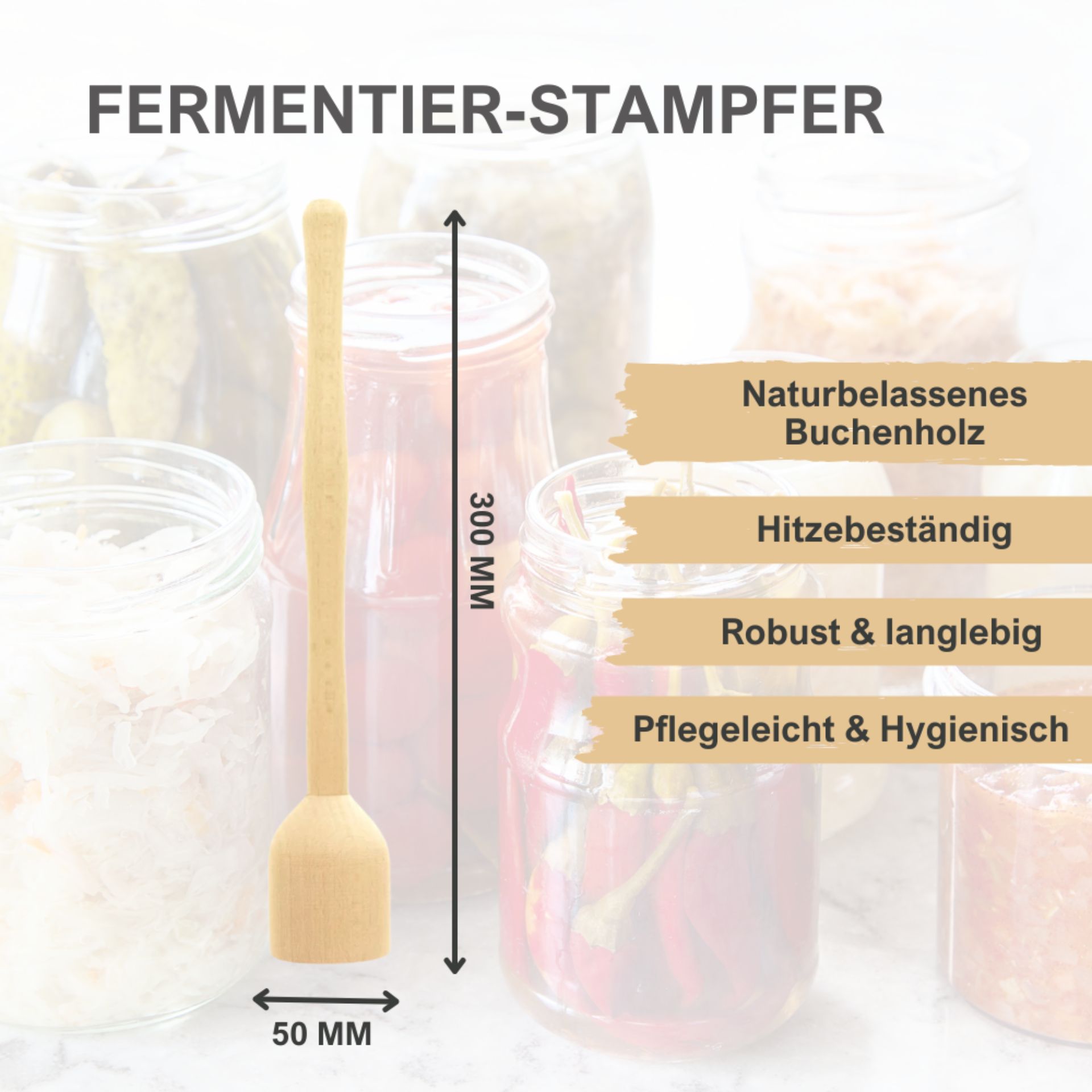 Holz-Fermentierstampfer mit rundem Griff und abgerundeter, leicht konischer Stampffläche, liegend auf weißem Hintergrund.