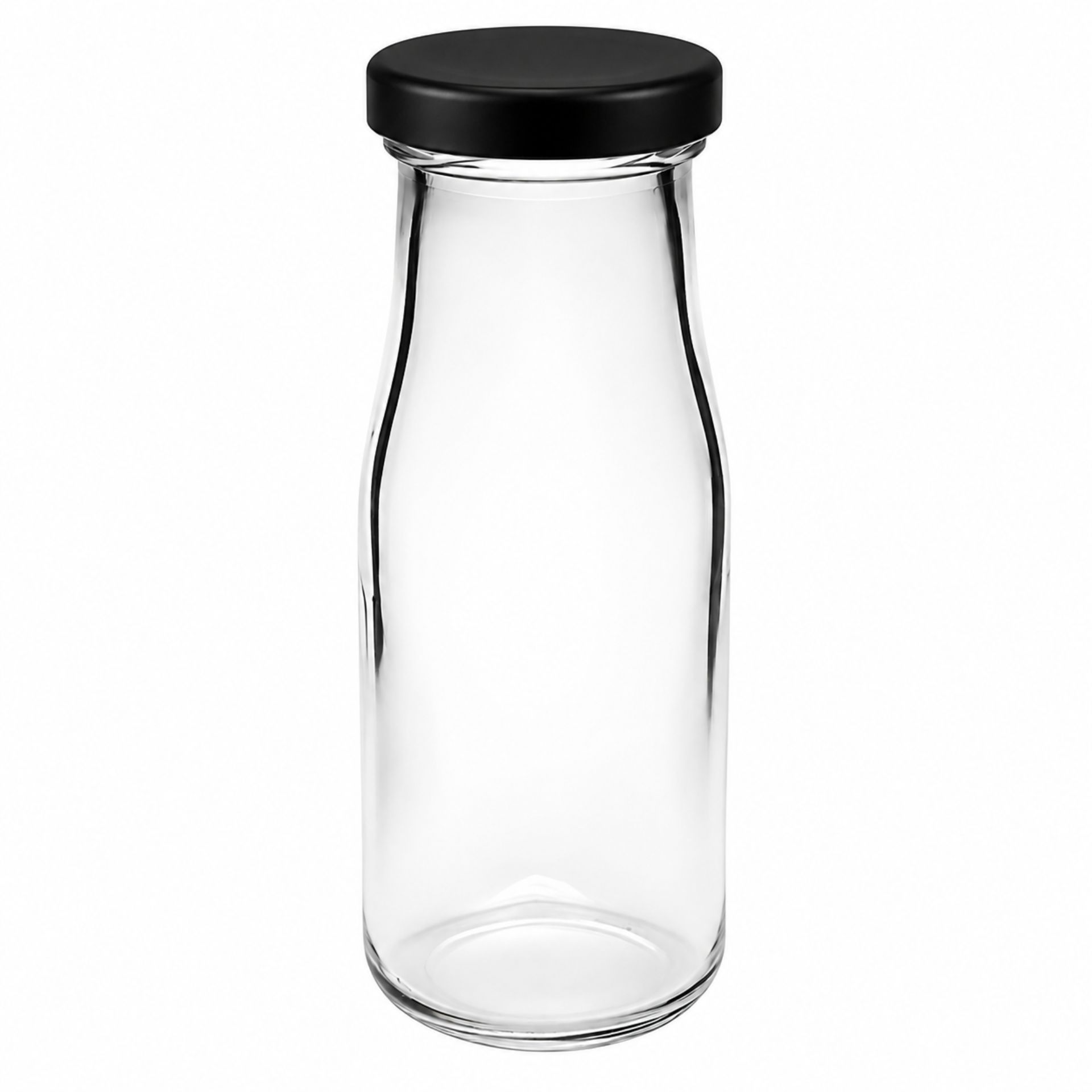 Klare Glasflasche mit 156 ml Fassungsvermögen in Milchflaschenform, schwarzer Schraubverschluss, stehend vor weißem Hintergrund.