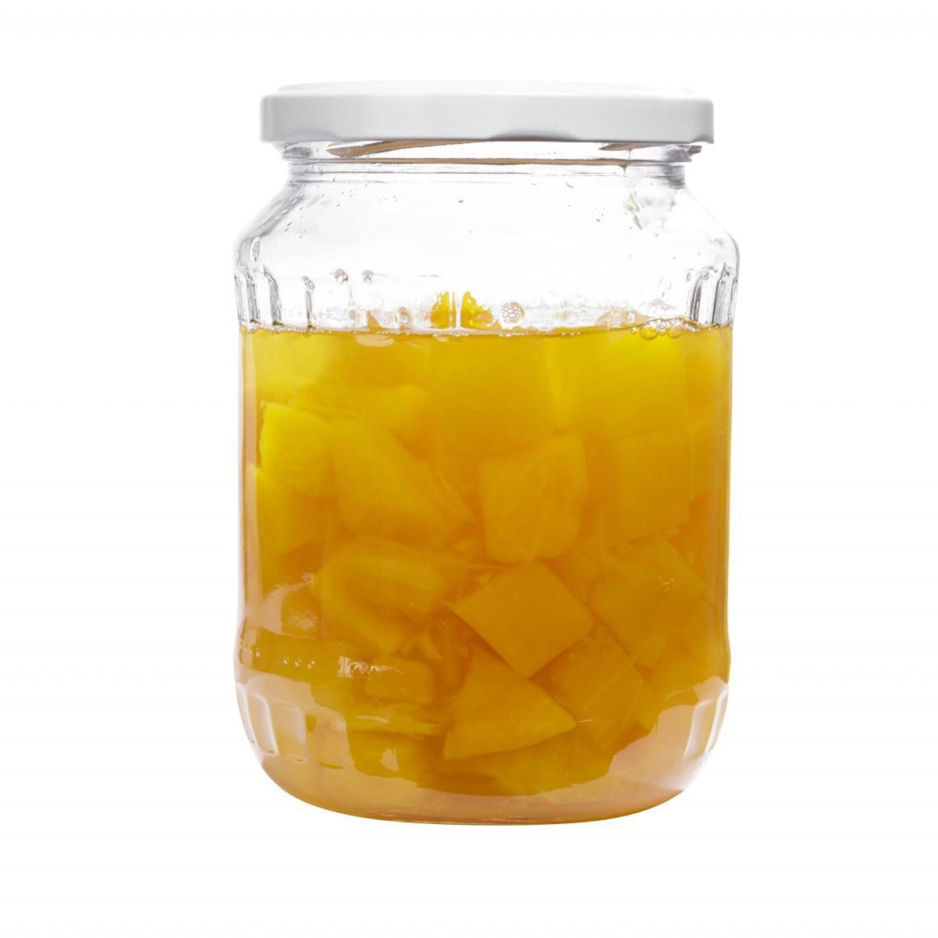 Einmachglas Vorratsglas weiß gefüllt 720ml - Gläser und Dosen für Lebensmittelaufbewahrung Ein transparentes Einmachglas mit weißem Schraubdeckel, gefüllt mit einer hellbraunen, pulverartigen Substanz, steht auf einem hellen Untergrund vor neutralem Hintergrund.