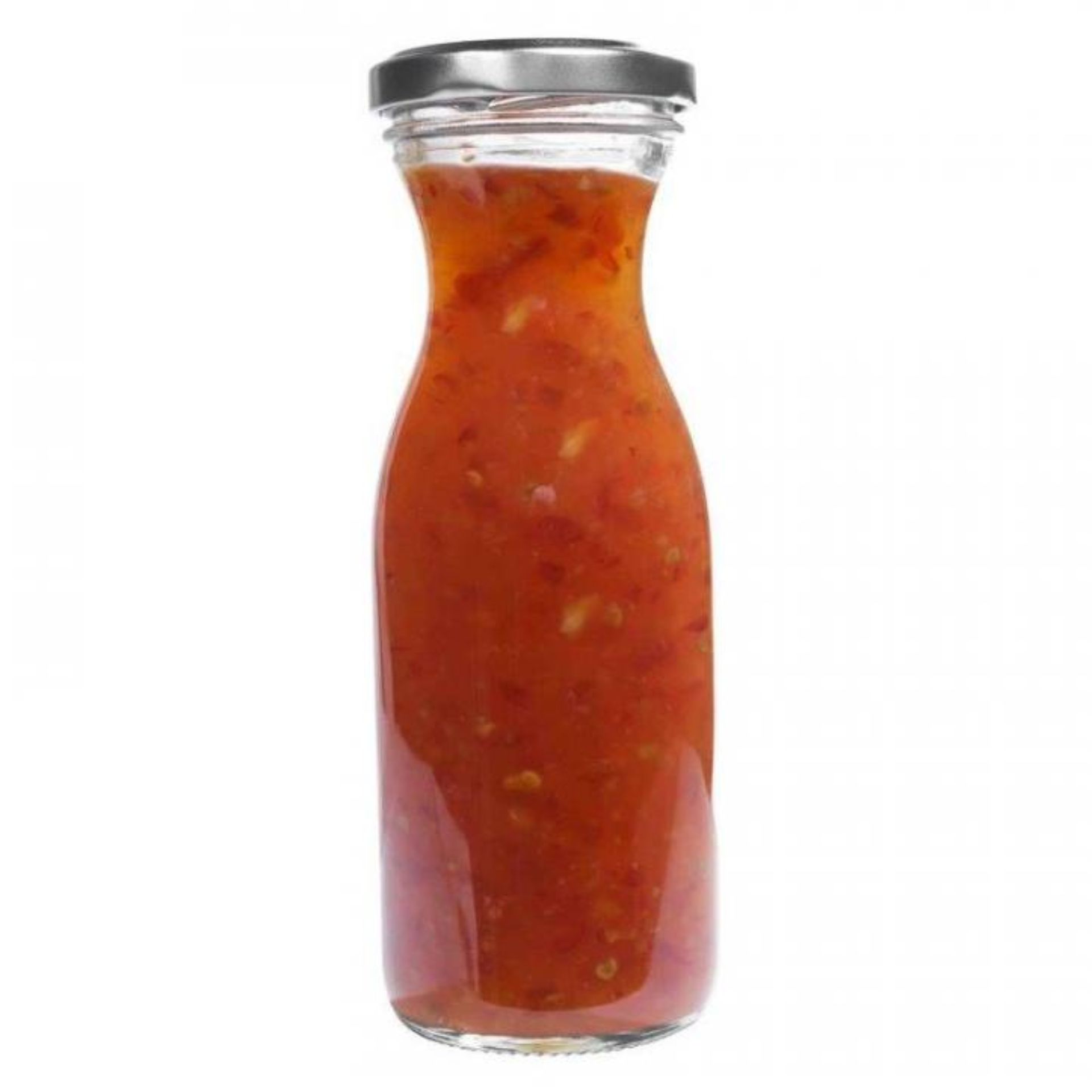 Klare 250-ml-Glasflasche mit Schraubverschluss, zylindrische Form mit leichtem Schulteransatz, geeignet für Saft oder andere Getränke, stehend auf weißem Hintergrund.