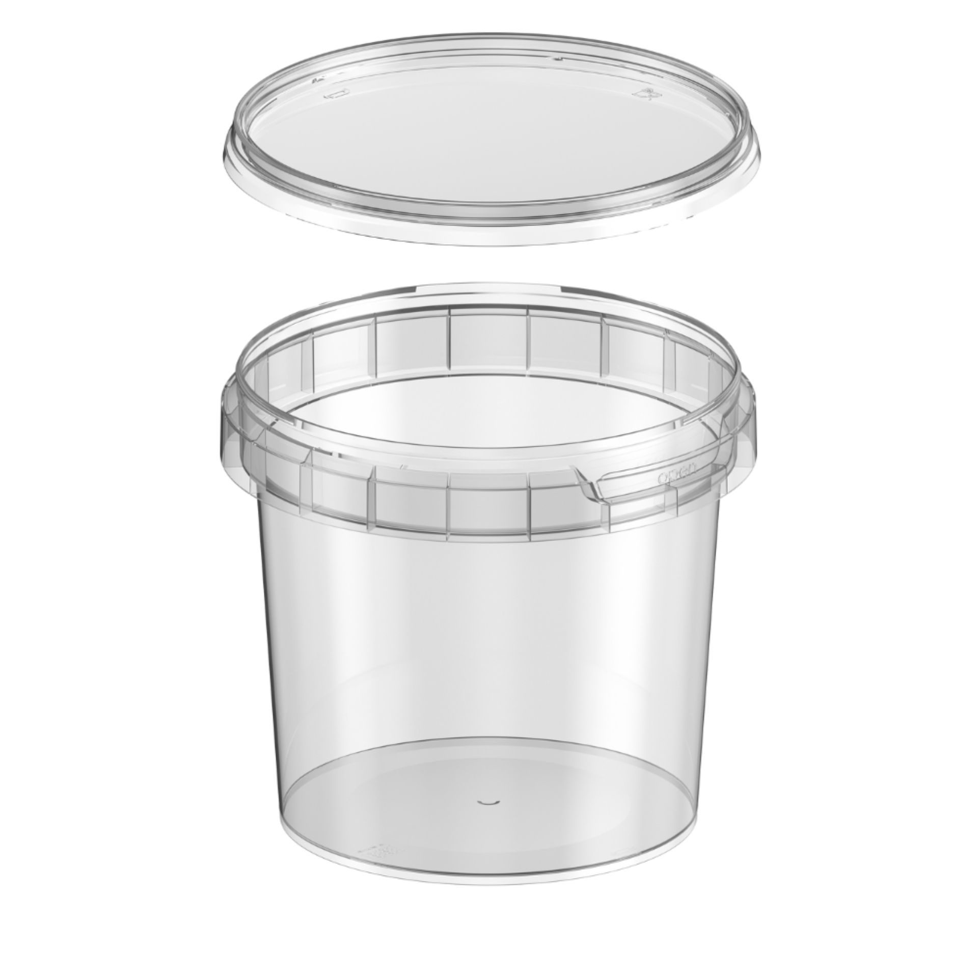 Transparenter Feinkostbecher aus Kunststoff mit 365 ml Fassungsvermögen; abgebildet mit und ohne passenden Deckel auf weißem Hintergrund.
