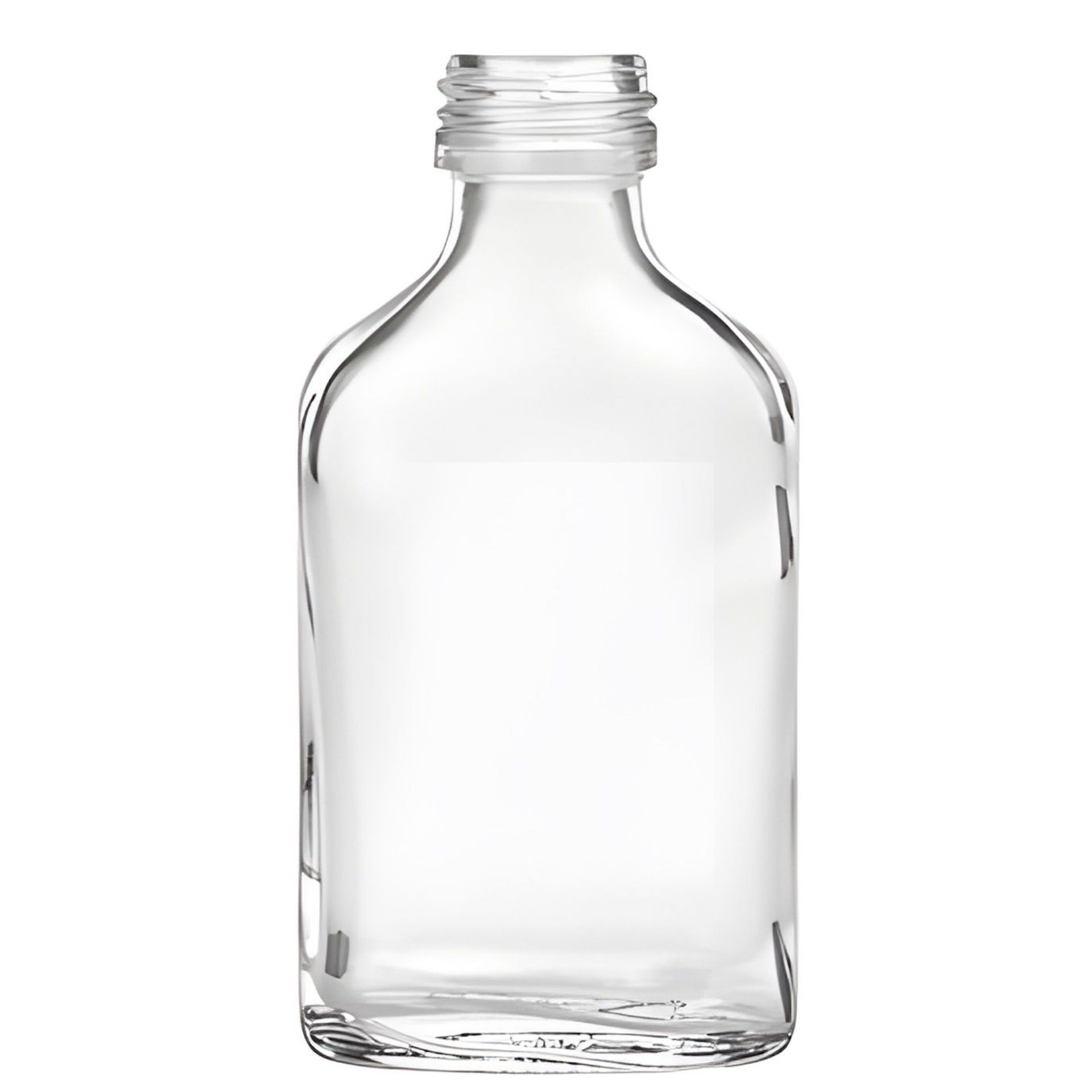 Kleine, leere Glasflasche mit einem Fassungsvermögen von 20 ml, stehend vor weißem Hintergrund; die Flasche hat eine zylindrische Form und ist mit einem goldfarbenen Schraubdeckel verschlossen.