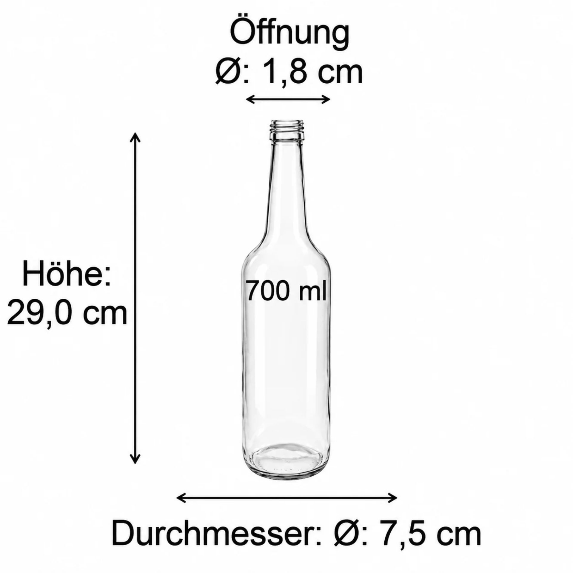 Bild einer transparenten Geradhalsflasche mit einem Fassungsvermögen von 700 ml, ideal für die Aufbewahrung von Getränken und Flüssigkeiten