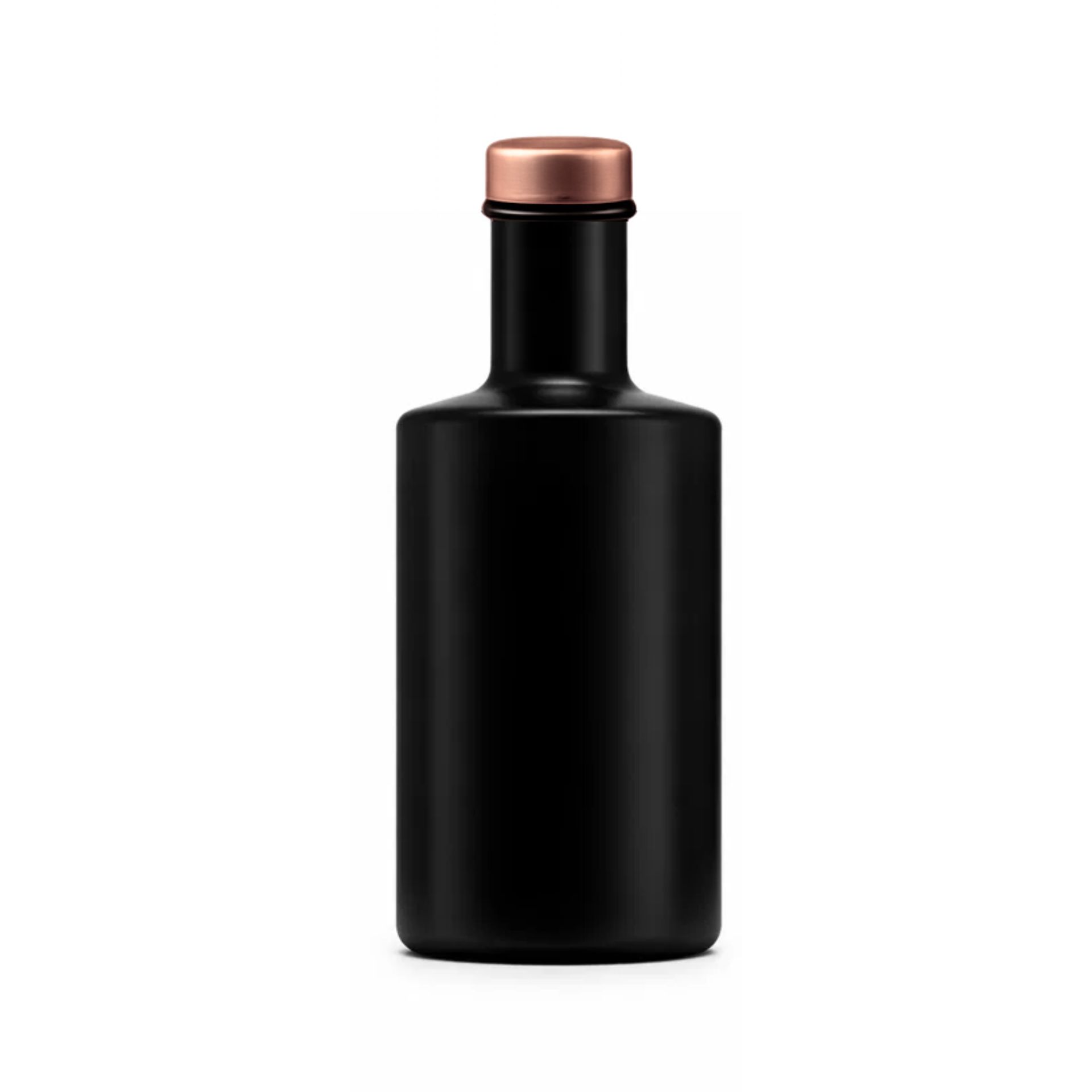 Leere, zylindrische 200-ml-Glasflasche in Schwarz mit kupferfarbenem Schraubdeckel vor weißem Hintergrund.