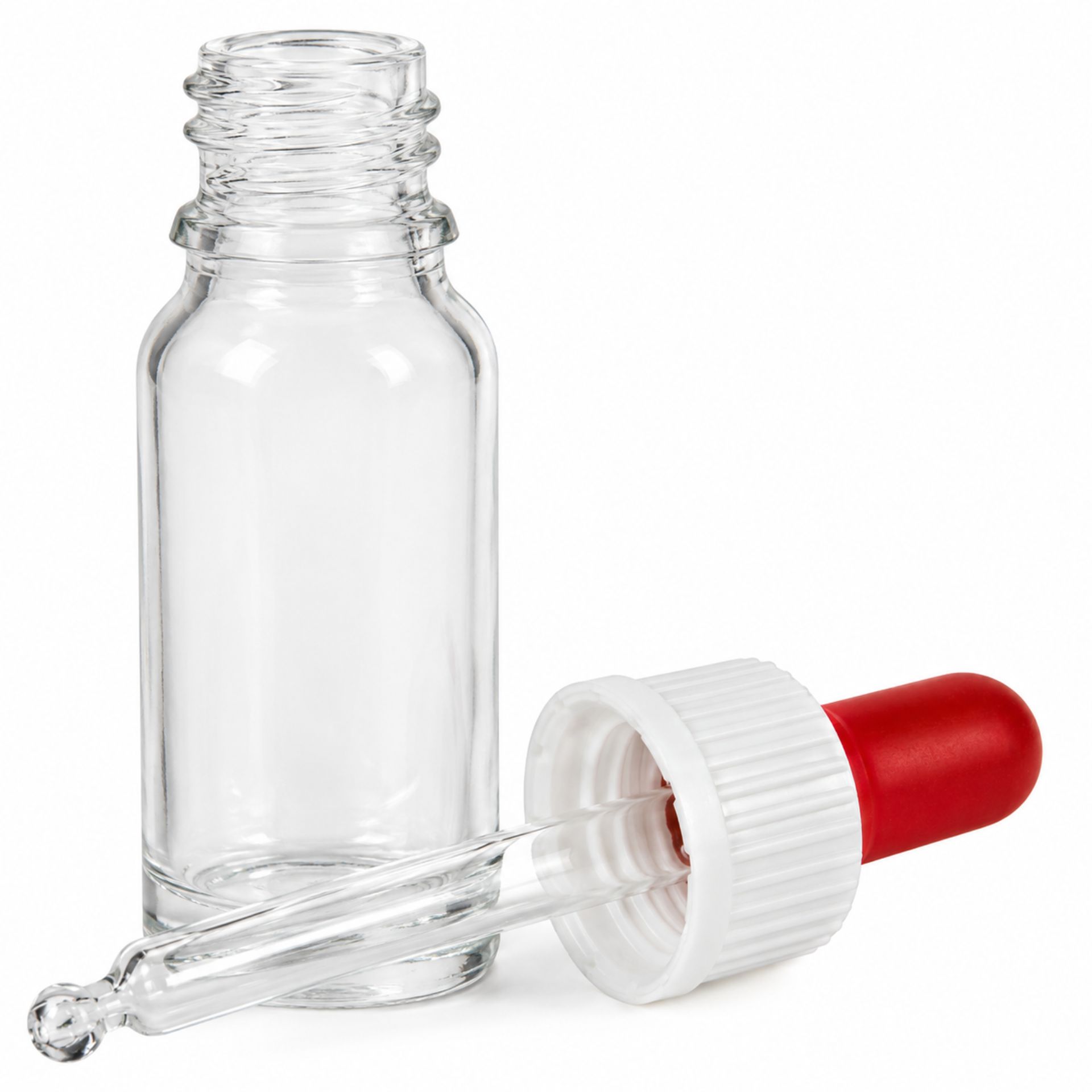 10 ml Pipettenflasche aus klarem Glas mit schwarzem Dosierer - Ideal für Präzisionsdosierung in Laboren und Kosmetik.