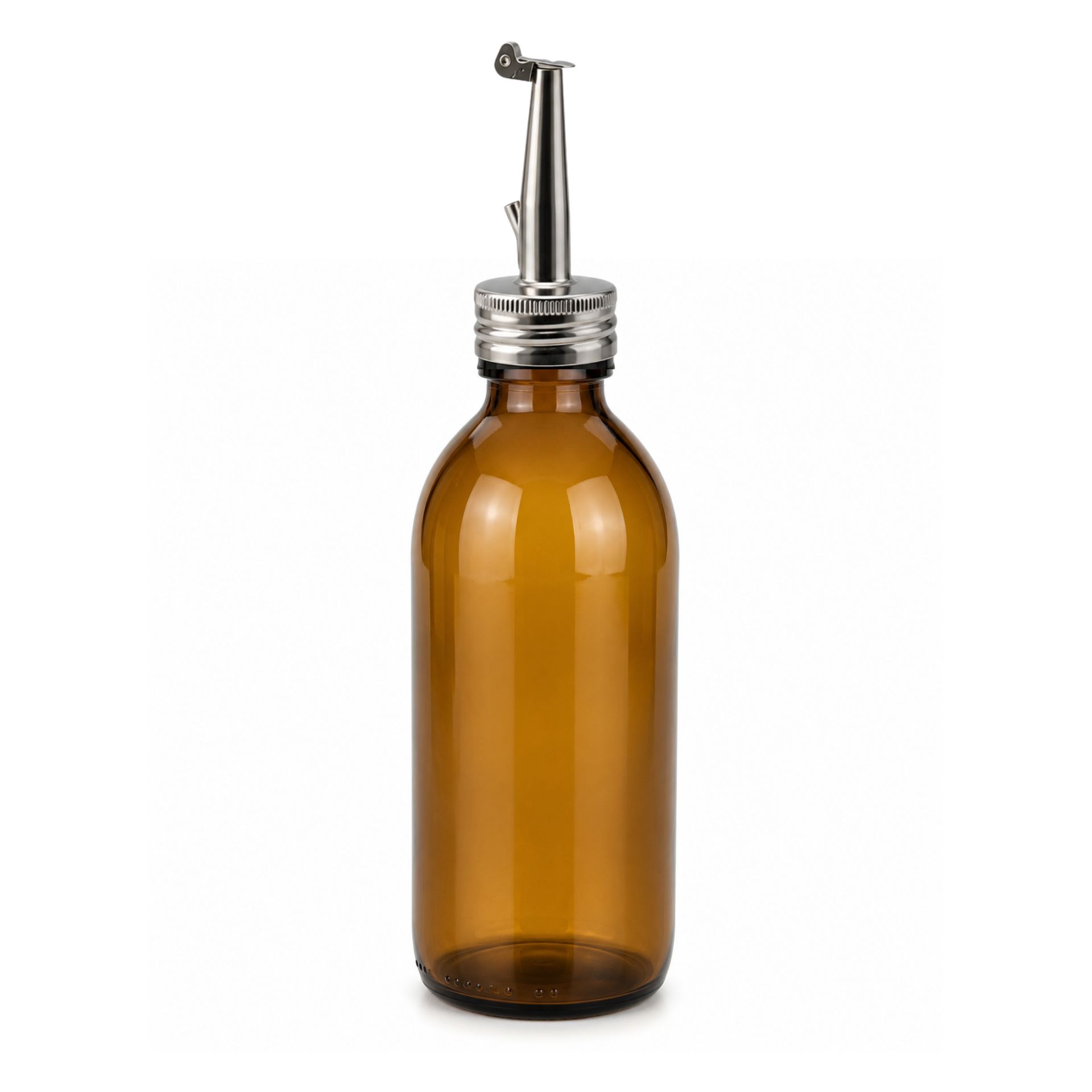 Apothekerflasche aus braunem Glas mit 200 ml Fassungsvermögen und Edelstahl-Ausgießer auf weißem Hintergrund.