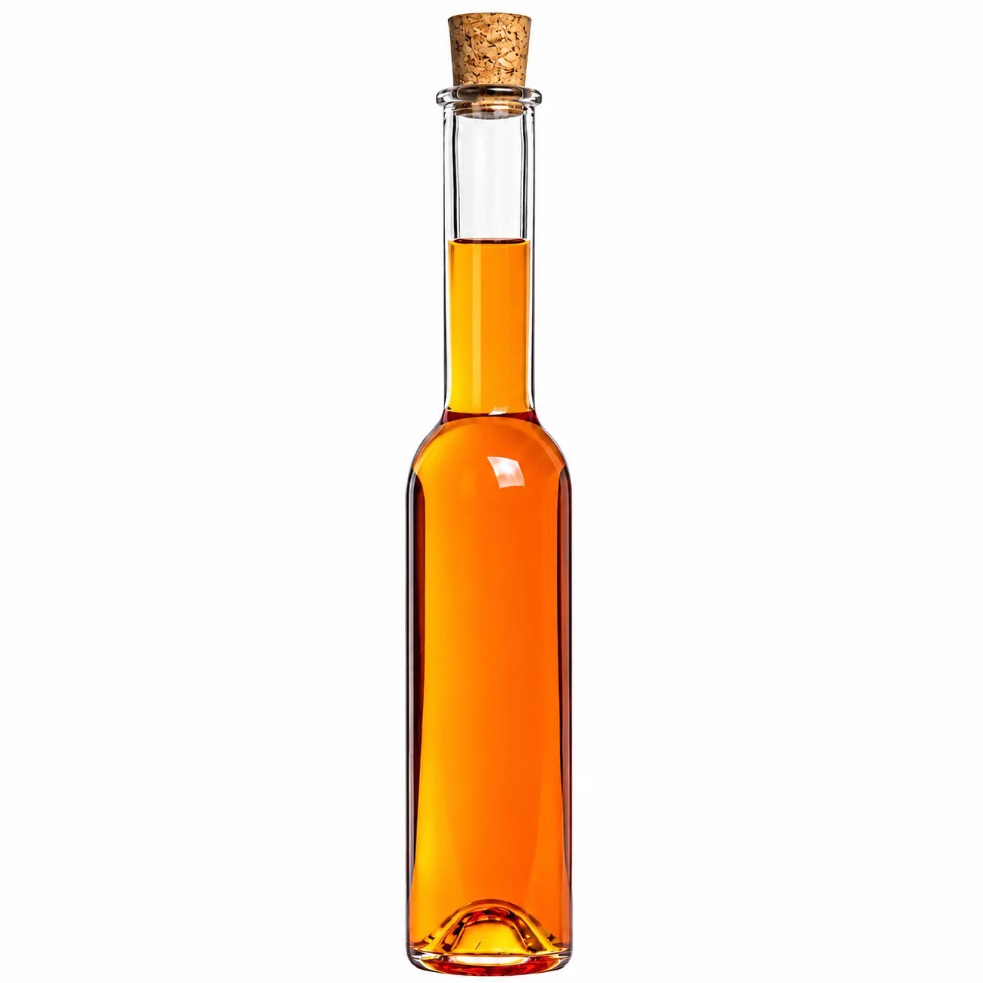 Foto einer leeren Glasflasche mit einem Fassungsvermögen von 200 ml, ausgestattet mit einem langen Hals und einem Korkenverschluss, ideal für Flüssigkeiten oder dekorative Zwecke.