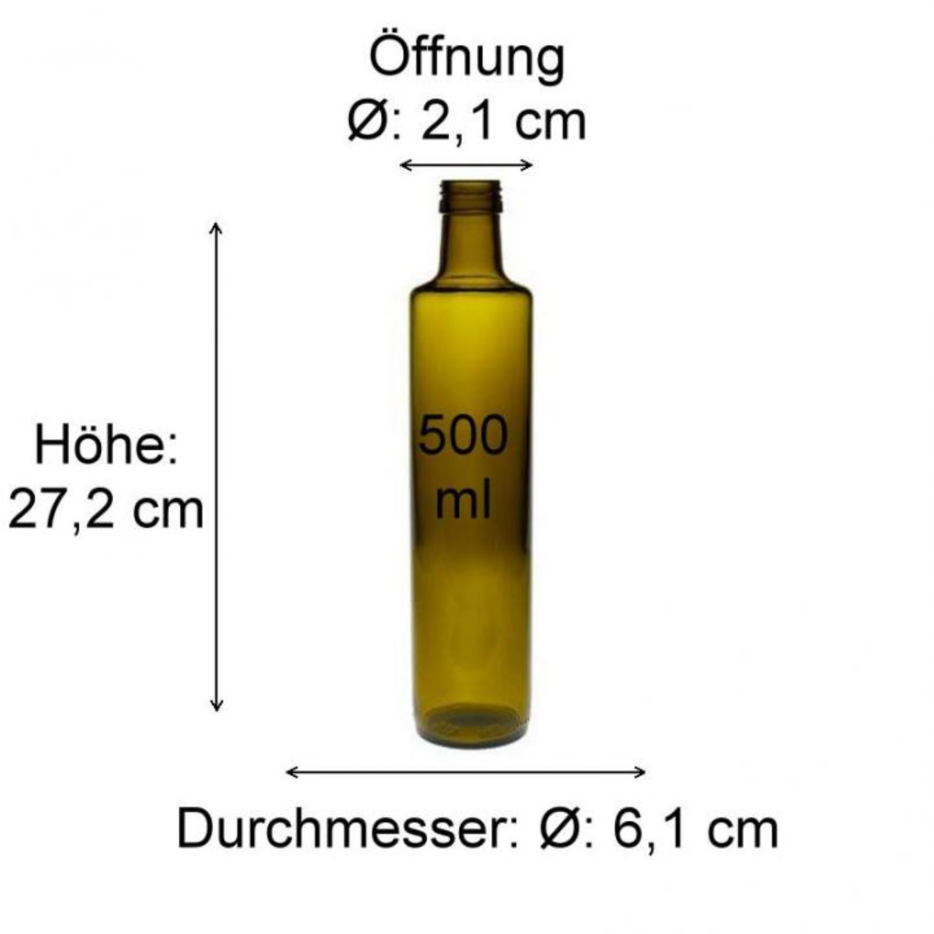 Bild einer braunen 500 ml Glasflasche mit Maßen zur Größenbestimmung, ideal für Getränkeabfüllung und Lagerung.