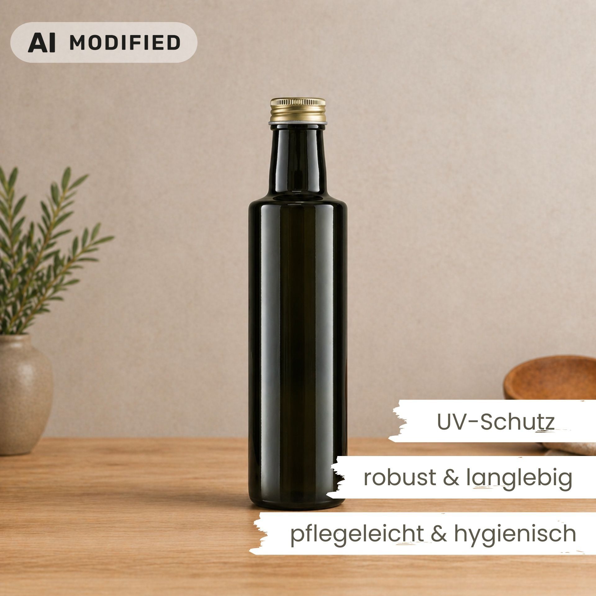 Glasflasche 500 ml rund braun Ölflasche Deckel Gold