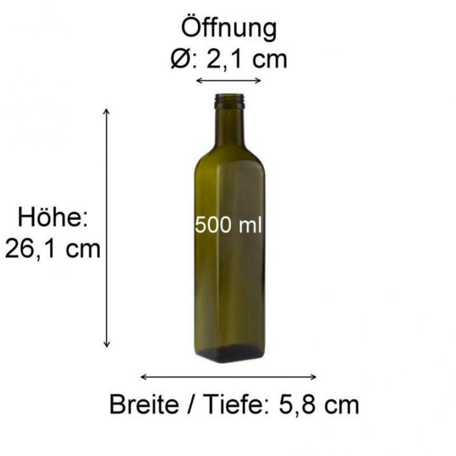 Grüne viereckige Glasflasche, 500 ml, mit silbernem Schraubverschluss auf weißem Hintergrund