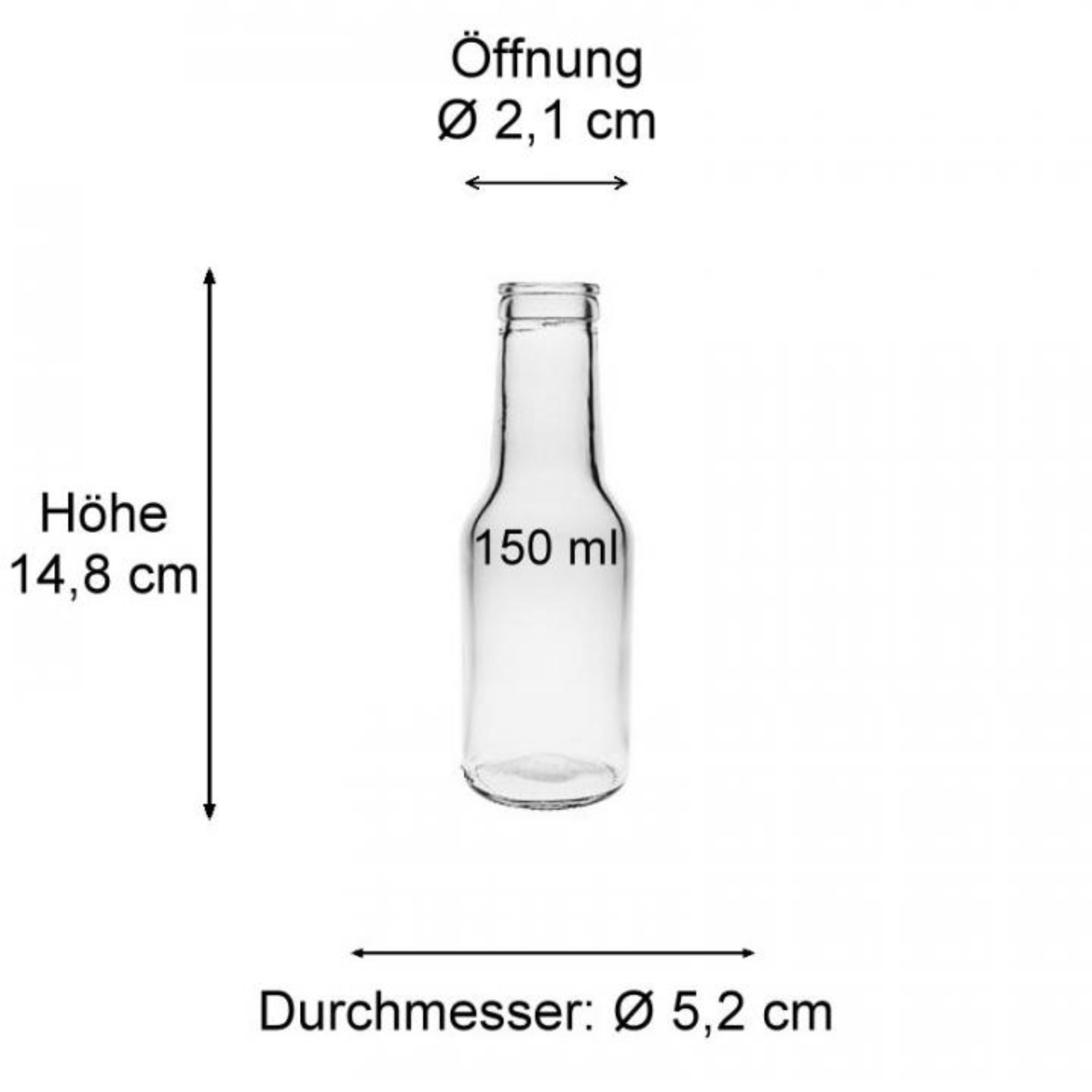 Bild einer runden Glasflasche mit einem Fassungsvermögen von 150 ml. Die Flasche ist mit einem Korken verschlossen und auf einem neutralen Hintergrund abgebildet. Ideal für Spirituosen, Öle oder Essenzen.