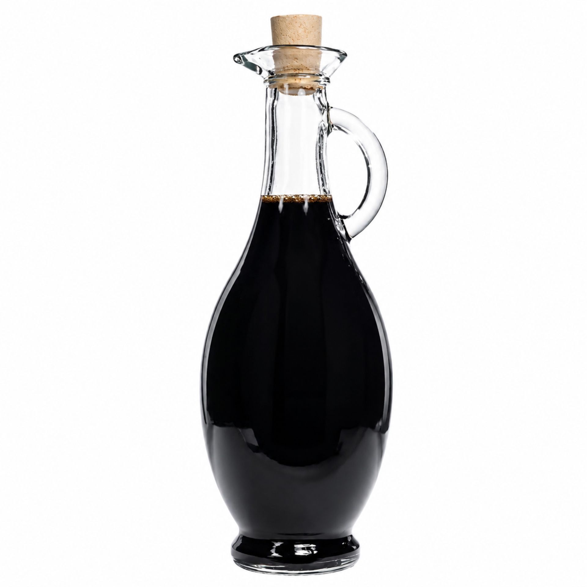 Bild einer klaren 500 ml Amphoren-Glasflasche mit Korkverschluss, ideal für Essig, Öl oder Liköre; abgebildet auf einer neutralen Hintergrundoberfläche.