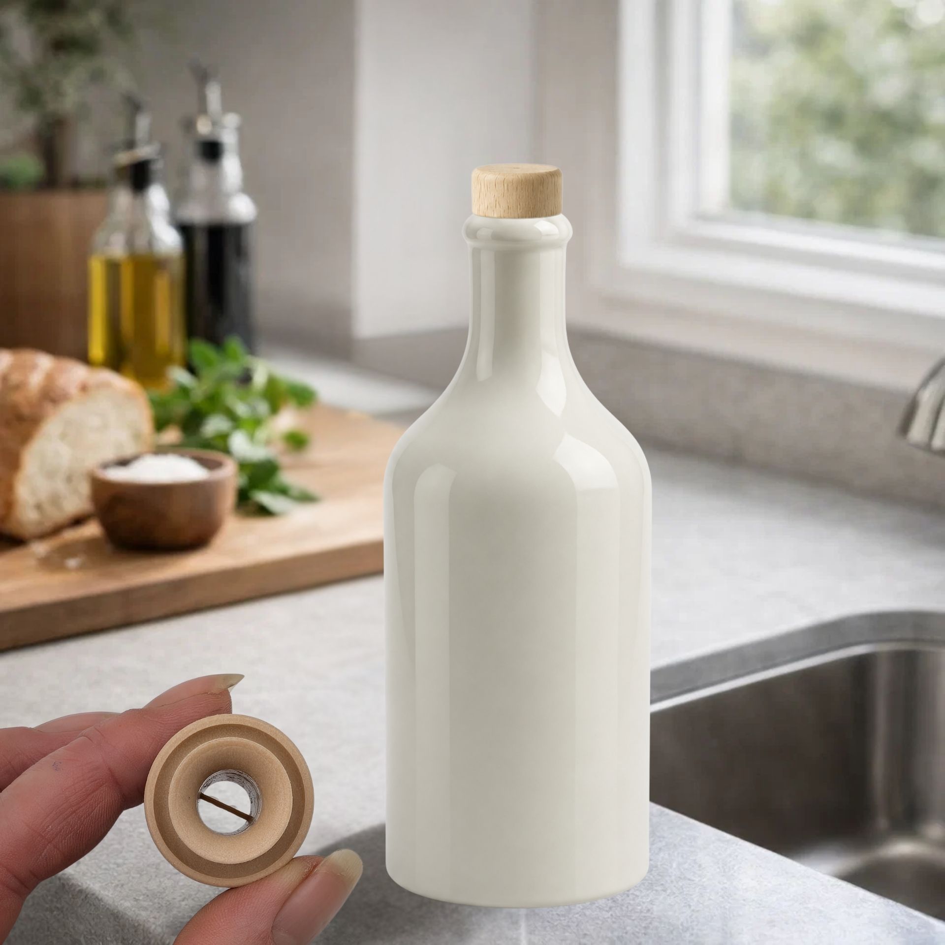 Ölflasche 500 ml Steingut Cremeweiß mit Ausgießer und Holzkappe