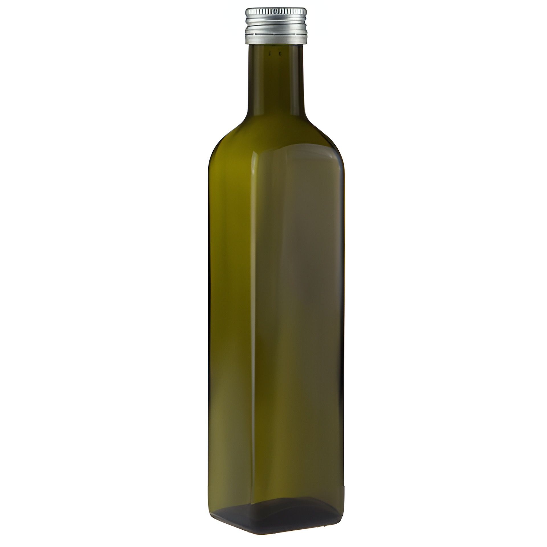 Grüne viereckige 500 ml Glasflasche mit silbernem Verschluss Grüne, viereckige 500-ml-Glasflasche mit silberfarbenem Schraubverschluss, stehend vor neutralem Hintergrund.