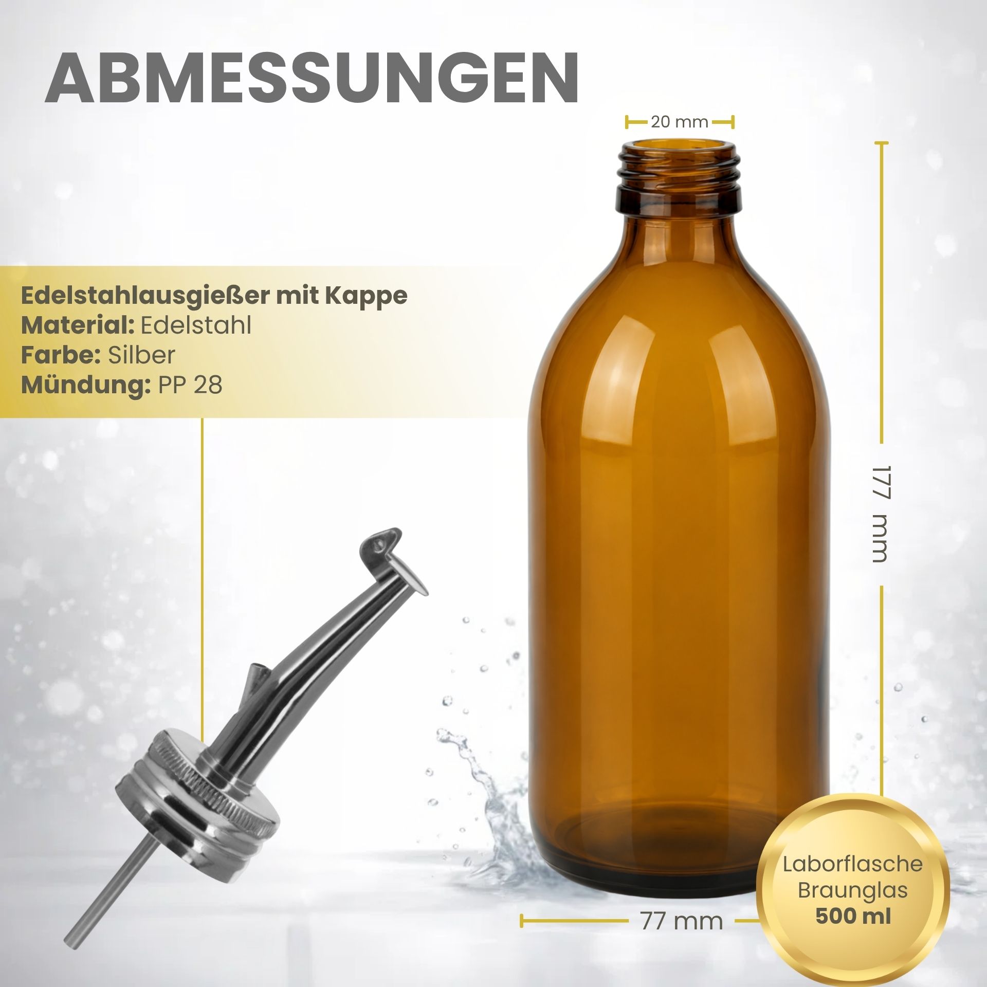 Apothekerflasche  500 ml Glas Edelstahl-Ausgießer