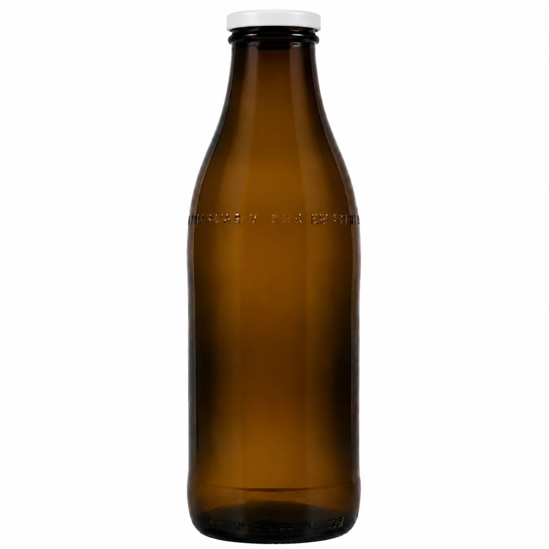 Weiße 1000-ml-Glasflasche mit Aufschrift „Milch“, gefüllt mit brauner Flüssigkeit, vor neutralem Hintergrund.