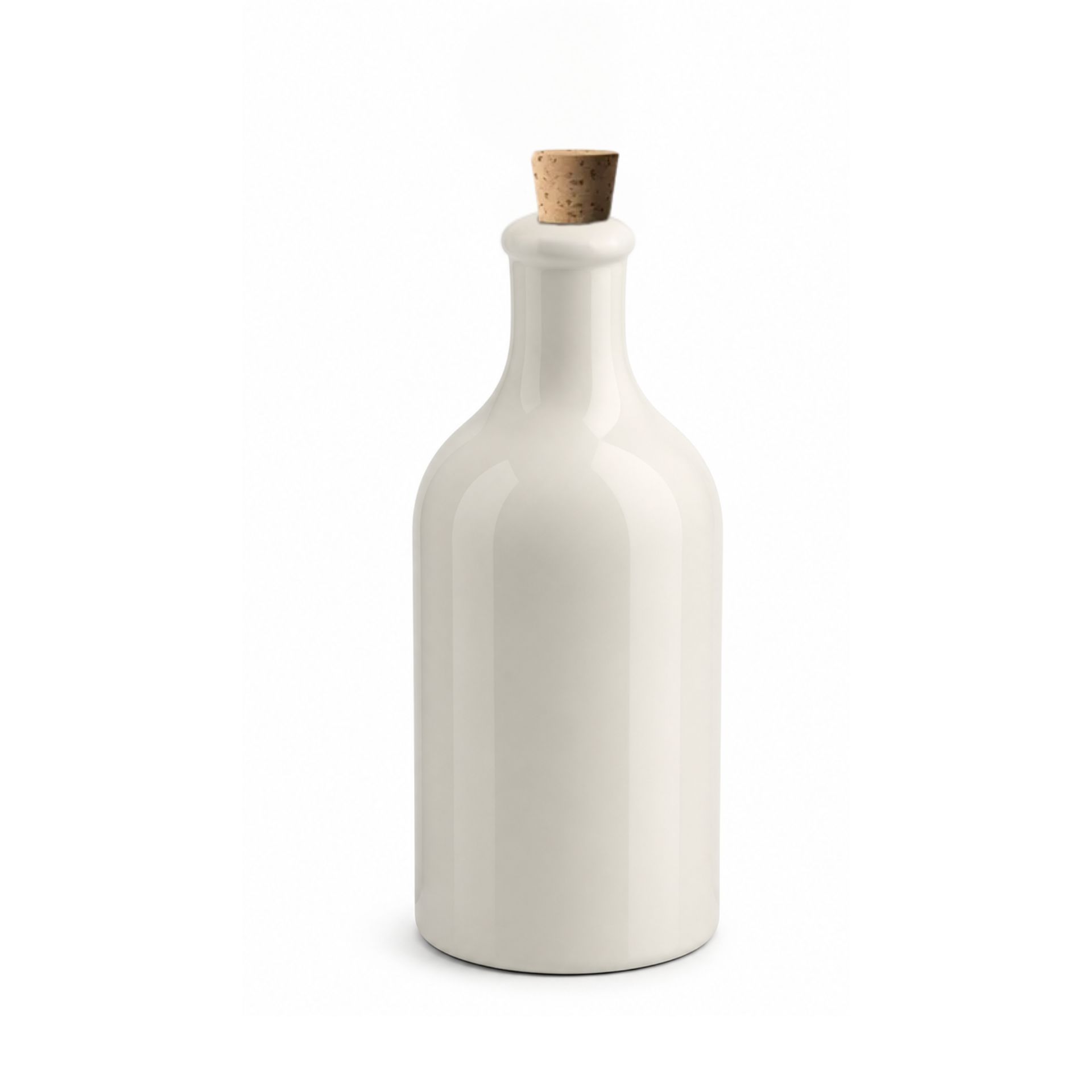 Leere, transparente 500-ml-Glasflasche mit breitem Hals und ohne Etikett, stehend vor neutralem, hellem Hintergrund.