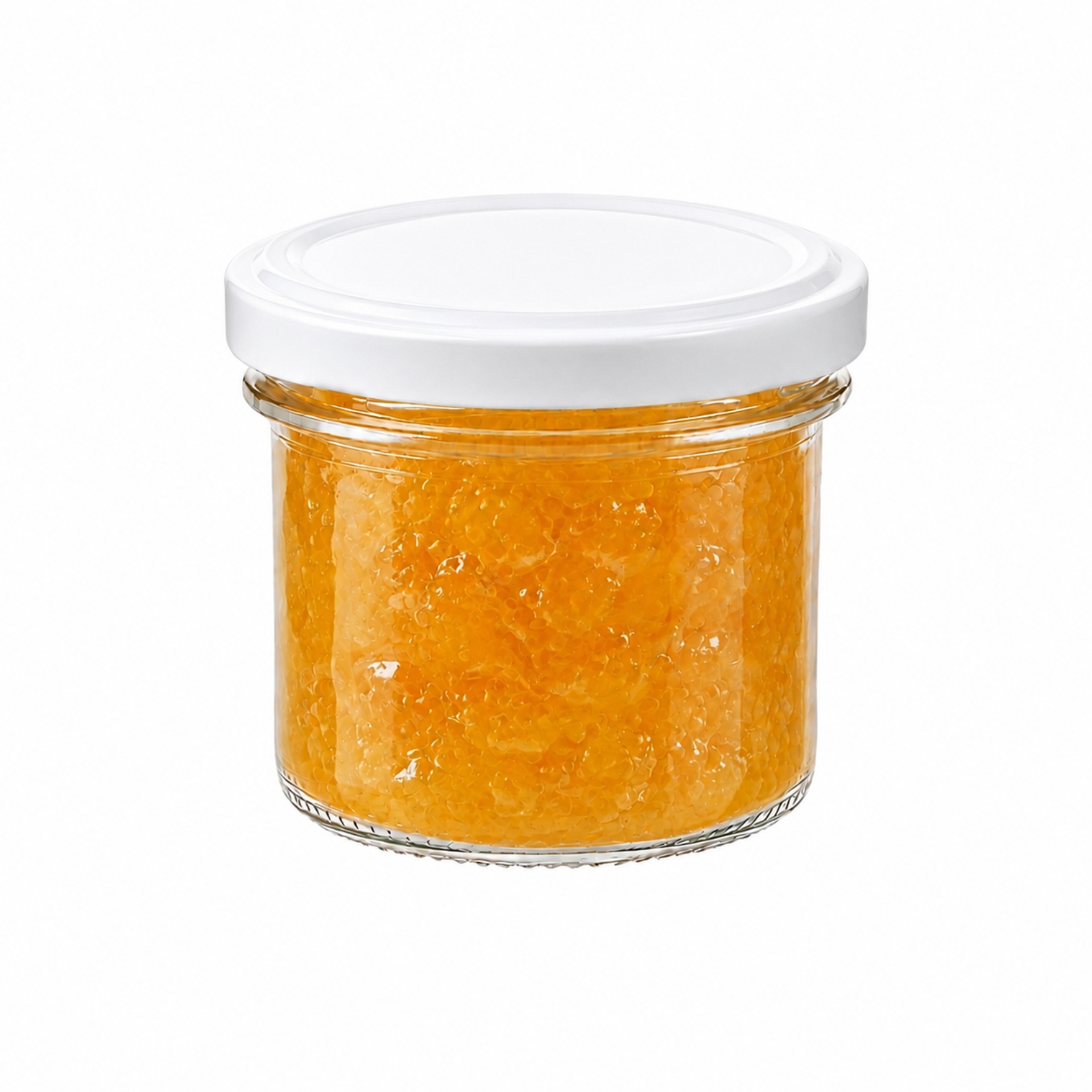 Sechs leere, durchsichtige Einmachgläser mit je 125 ml Fassungsvermögen, in zwei Reihen angeordnet, mit silberfarbenen Schraubdeckeln auf weißem Hintergrund.