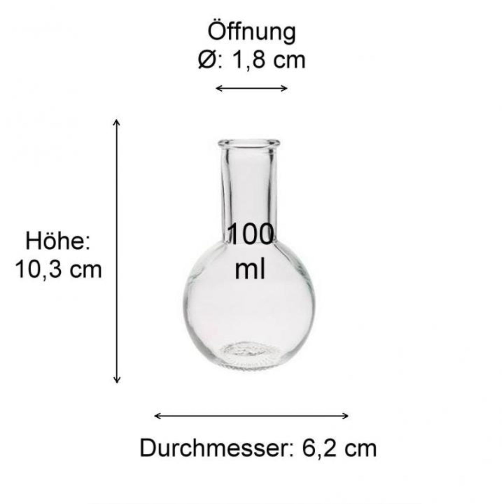Bild von einer braunen Glasflasche und einem transparenten glasartigen Gefäß, präsentiert auf einer grauen Hintergrundfläche mit klaren Produktdimensionen und Maßangaben; perfekte visuelle Darstellung für Online-Shops rund um Glasflaschen, Trinkgläser und