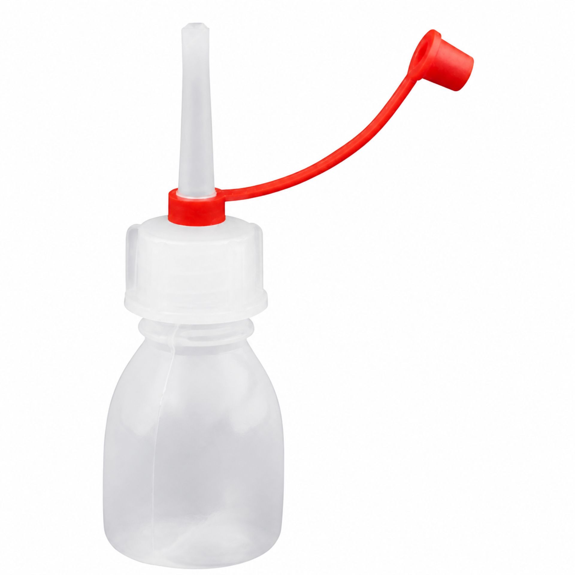 Abgebildet ist eine elegante Glasflasche mit schmalem Hals auf einem weißen Hintergrund. Die Flasche ist durchsichtig und zeigt Reflektionen des Lichts, wodurch sie hochwertig wirkt.