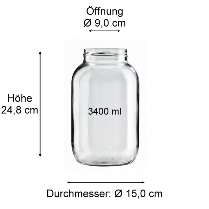 Großes Einmachglas 3400 ml mit Deckel – Vorratsglas aus Glas für Lebensmittelaufbewahrung Einmachglas 3400 ml aus klarem Glas mit Deckel, ideal als Vorratsglas für Küche und Haushalt, zylindrische Form, robust und vielseitig einsetzbar, Produktbild auf weißem Hintergrund.