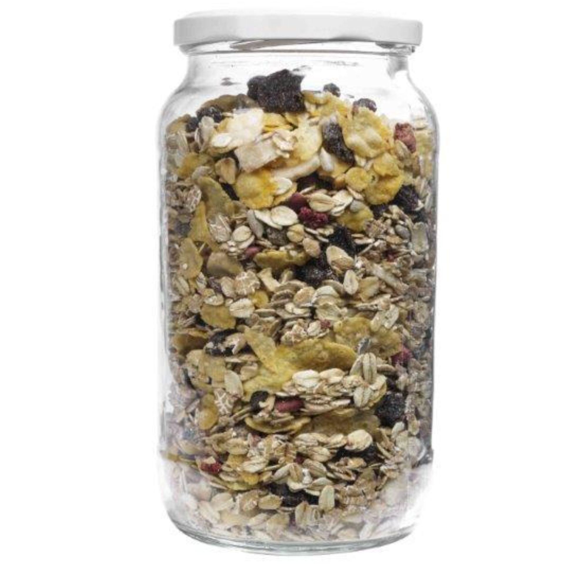 Sechs leere, transparente Glasflaschen mit 1.062 ml Fassungsvermögen stehen nebeneinander auf weißem Hintergrund; jede Flasche hat eine bauchige Form, einen schmalen Hals und ist mit einem silberfarbenen Schraubverschluss ausgestattet.