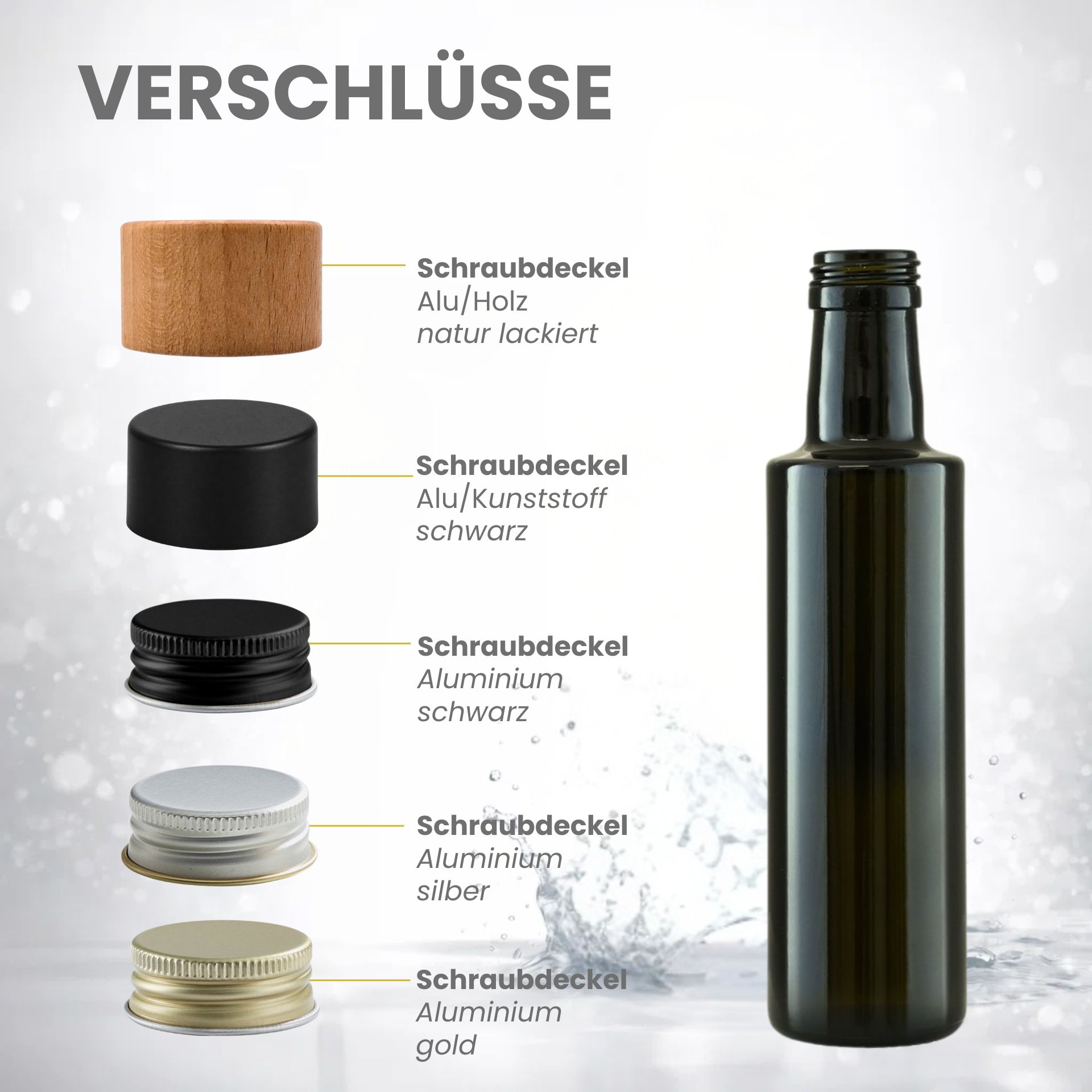 Glasflasche 500 ml rund braun Ölflasche Deckel Gold