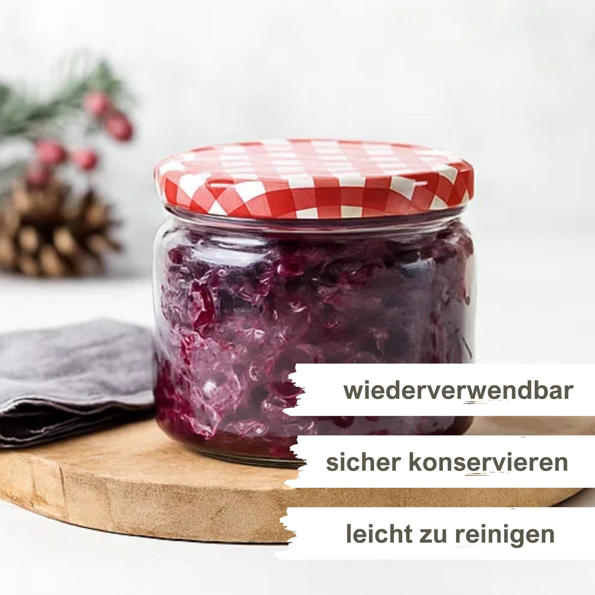 Einmachgläser 6x330 ml mit Schraubdeckel rot-weiss kariert